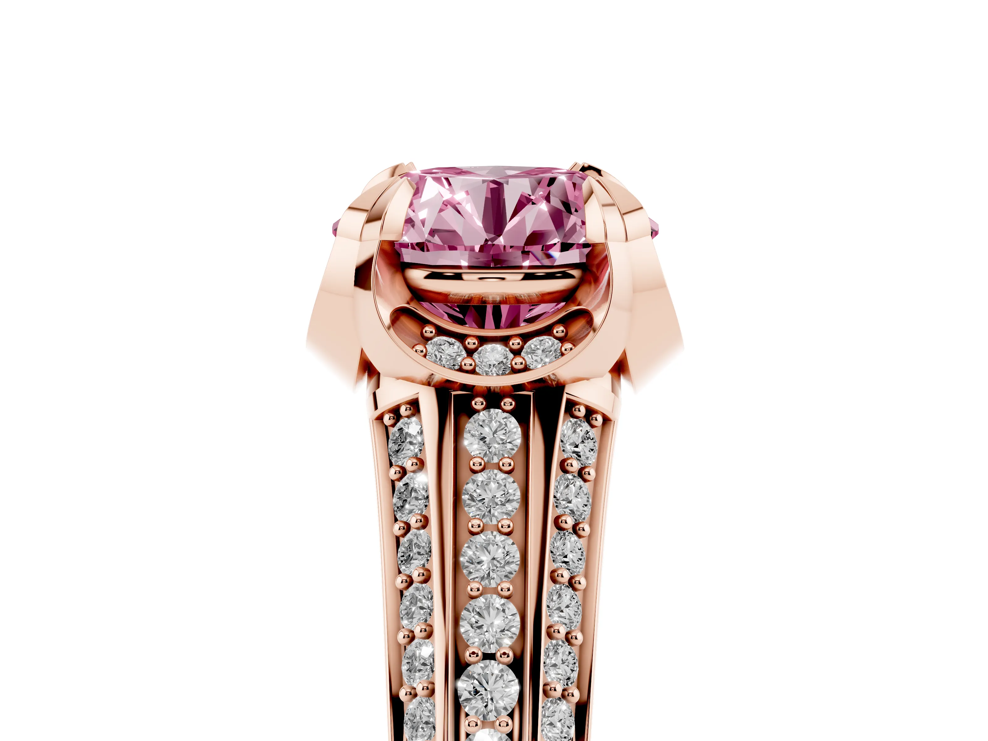 Fancy Pink Round Cut Diamond Pavé Split Shank Solitaire Ring Set in Rose gold with Prong Setting
