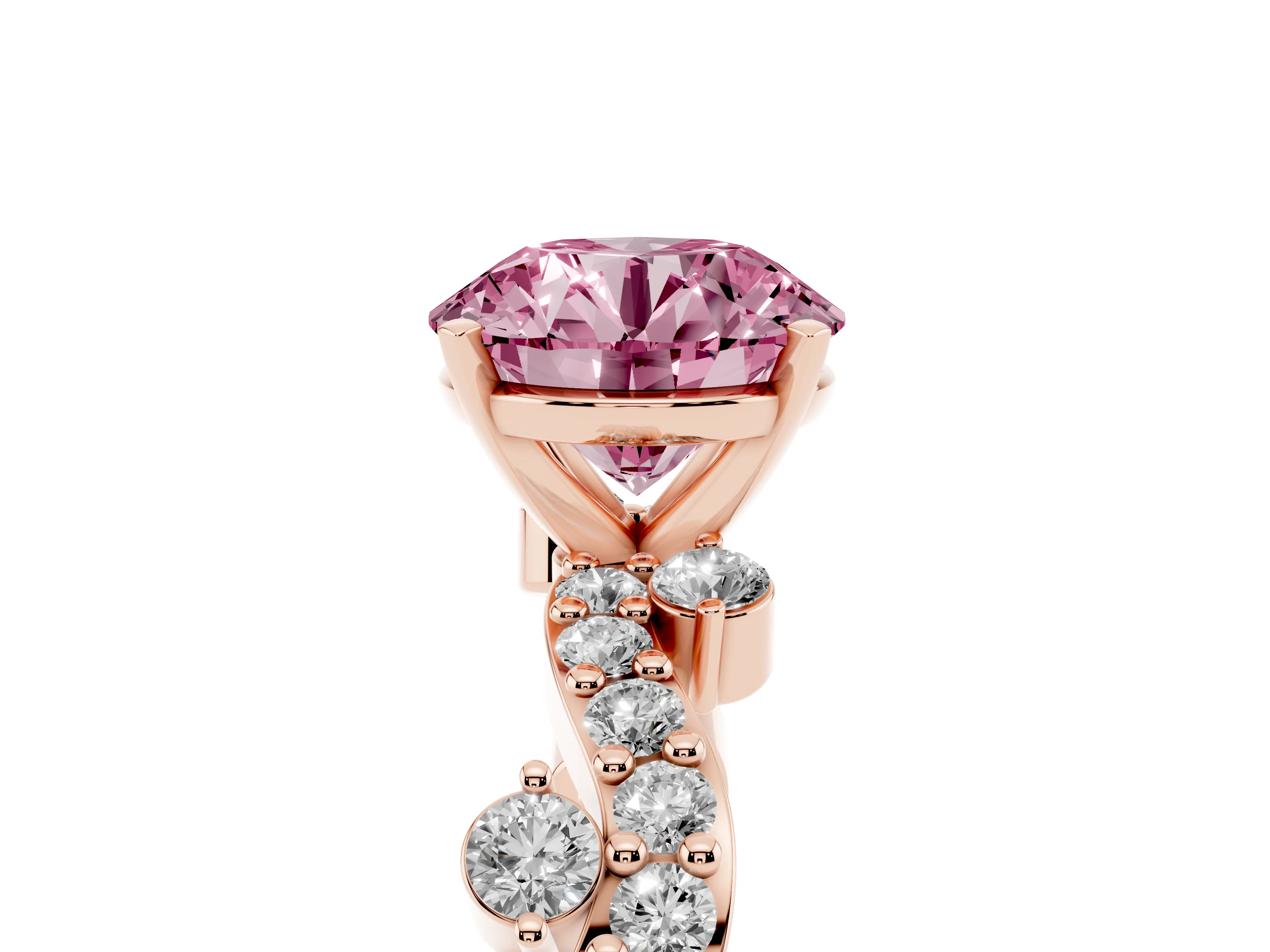 Fancy Pink Round Cut Diamond Solitaire Twisted Band Set in Rose gold with Pavé Setting