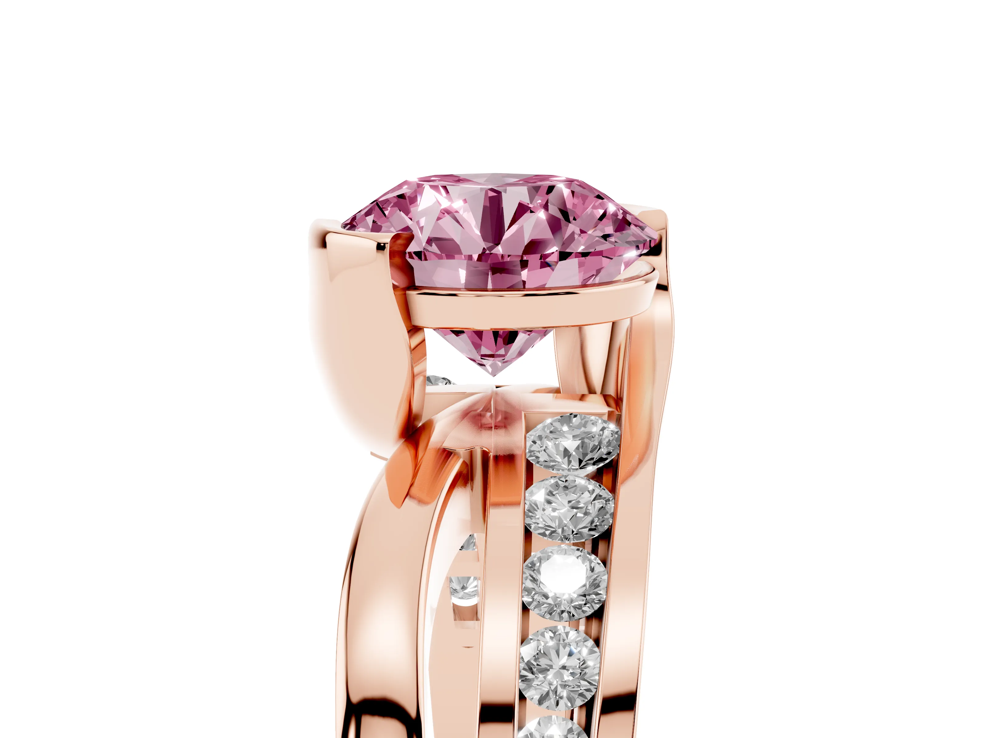 Fancy Pink Round Cut Diamond Solitaire Ring Set in Rose gold with Channel Set Split Shank and Tension Prongs