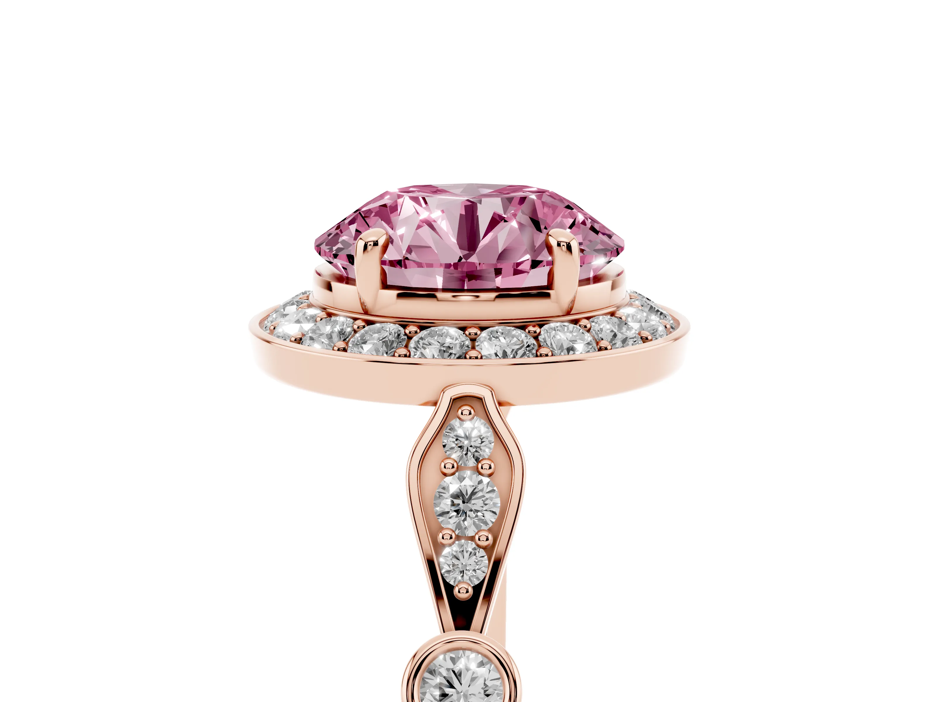 Fancy Pink Round Cut Diamond Halo Engagement Ring Set in Rose gold with Twisted Band and Prong Setting