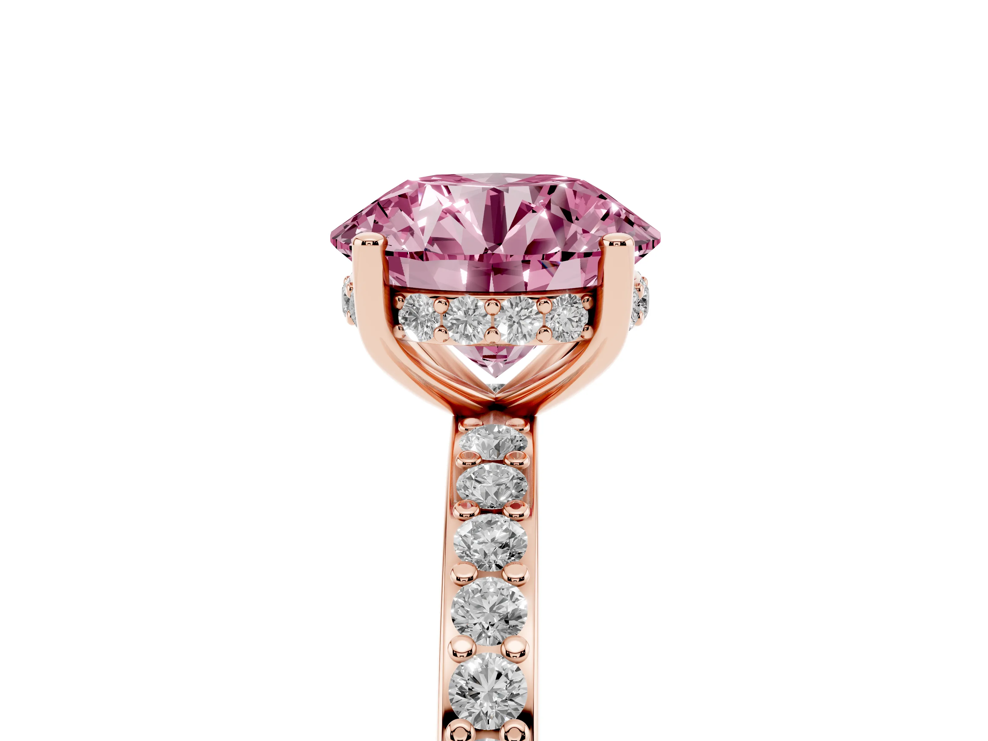 Fancy Pink Round Cut Diamond Pavé Band Ring Set in Rose gold with Prong-Set Center Stone