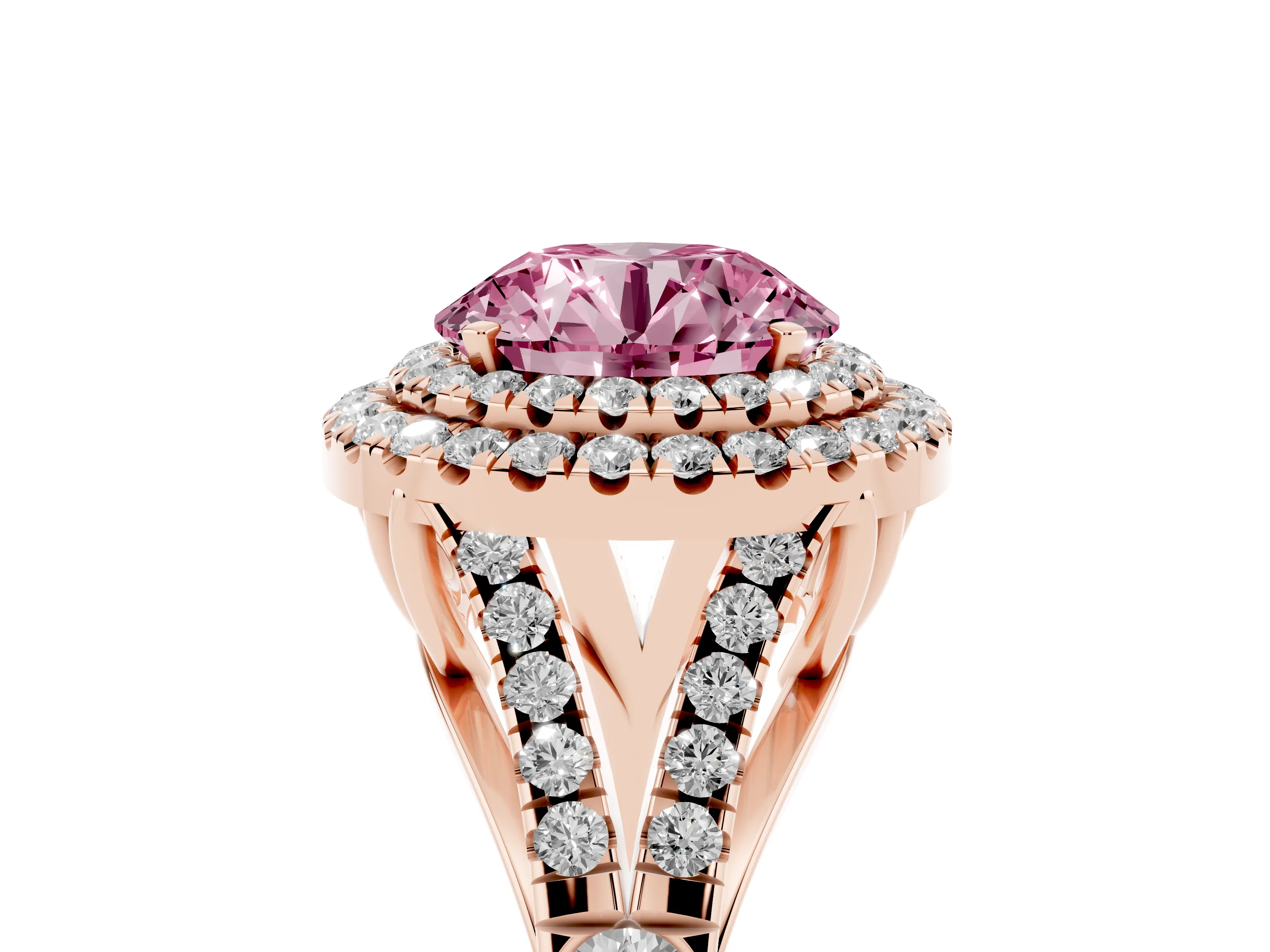 Fancy Pink Round Cut Diamond Pavé Split Shank Double Halo Engagement Ring Set in Rose gold