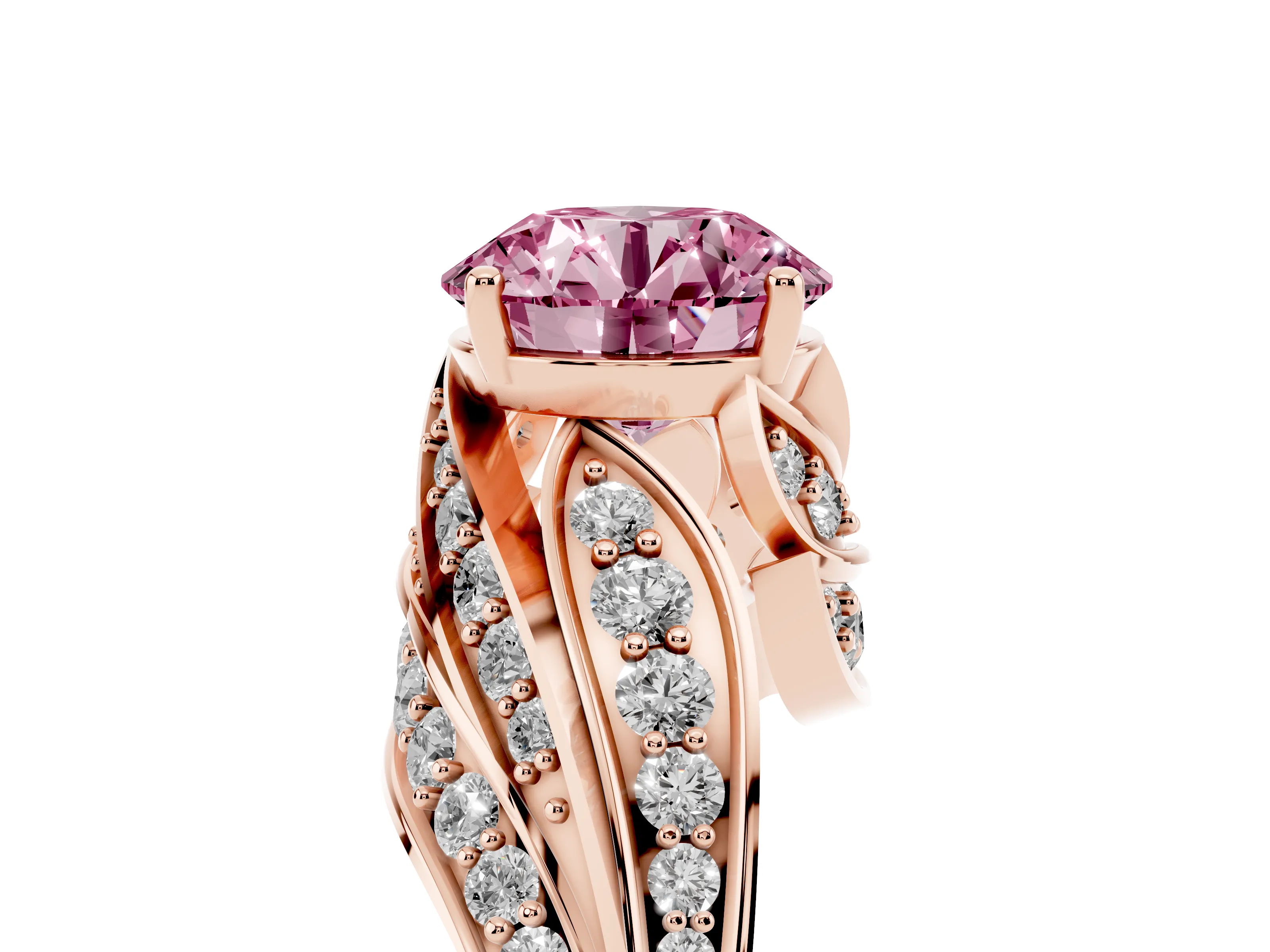 Fancy Pink Round Cut Diamond Solitaire Ring Set in Rose gold with Layered Twist Pavé Band