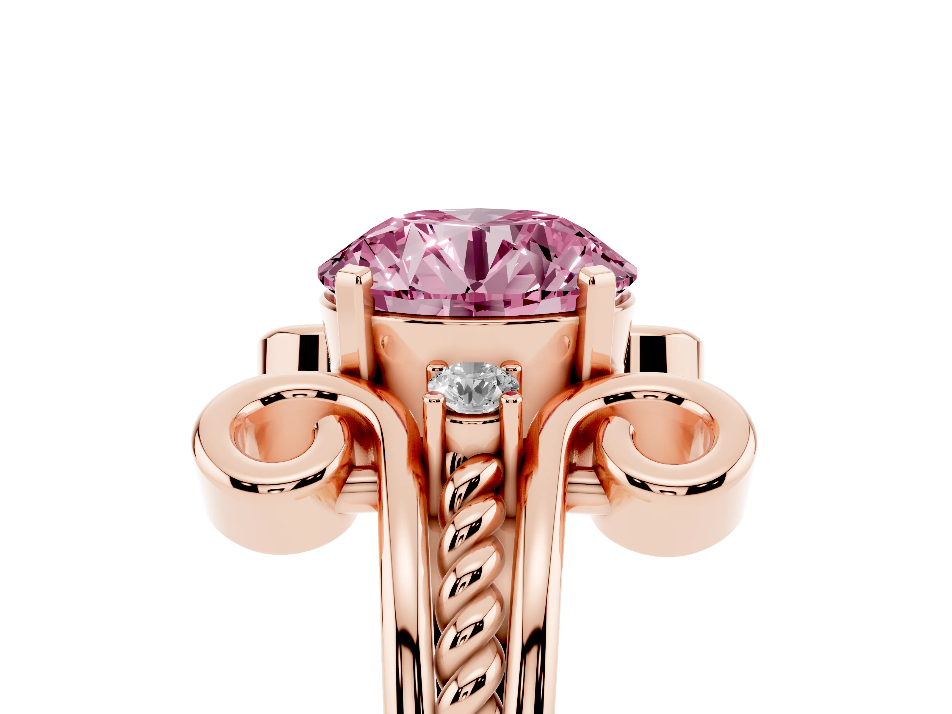 Fancy Pink Round Cut Diamond Twisted Band Solitaire Ring Set in Rose gold with Scroll Prongs