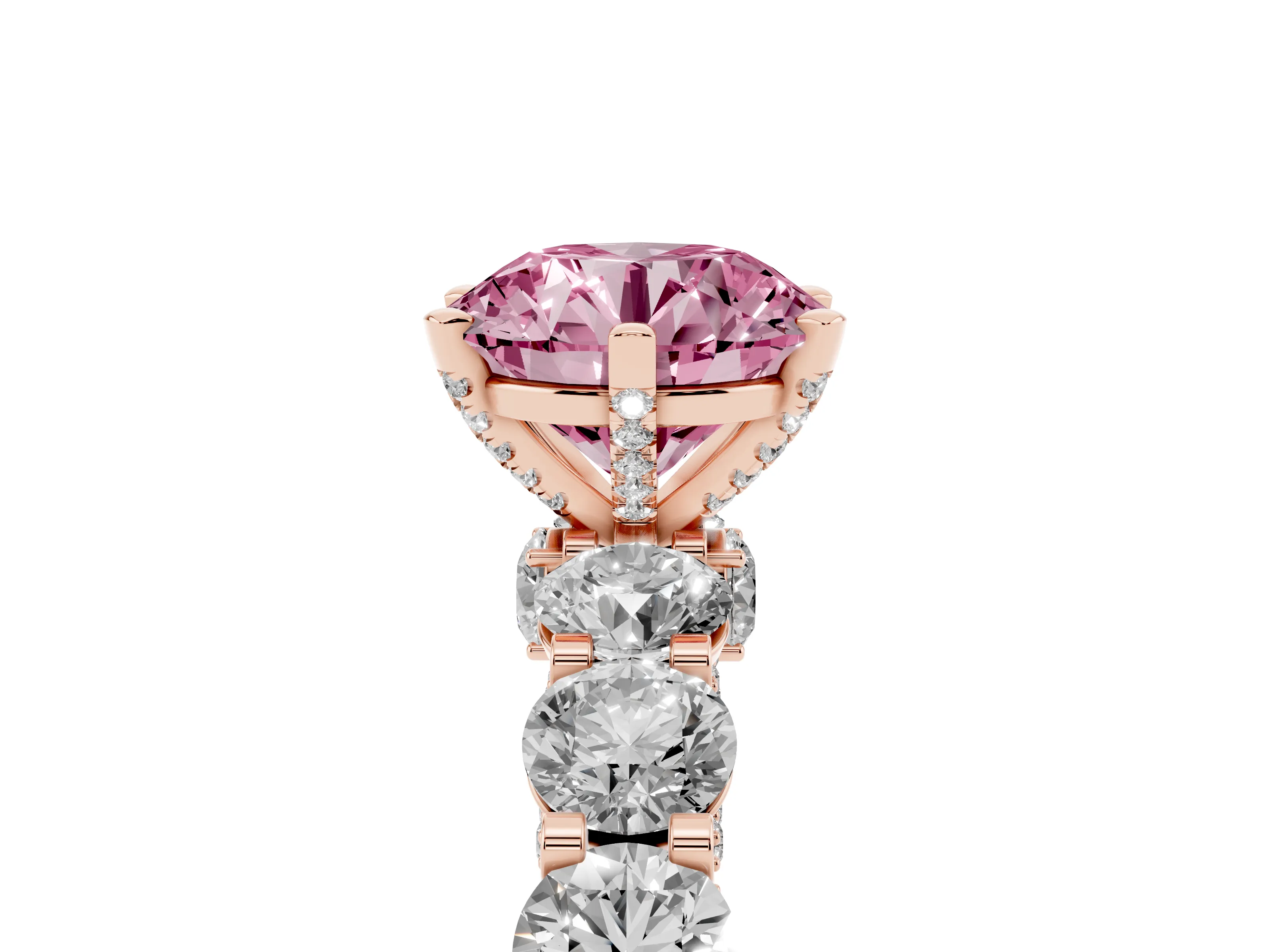Fancy Pink Round Cut Diamond Side Stone Ring Set in Rose gold with Alternating Round and Oval Side Stones