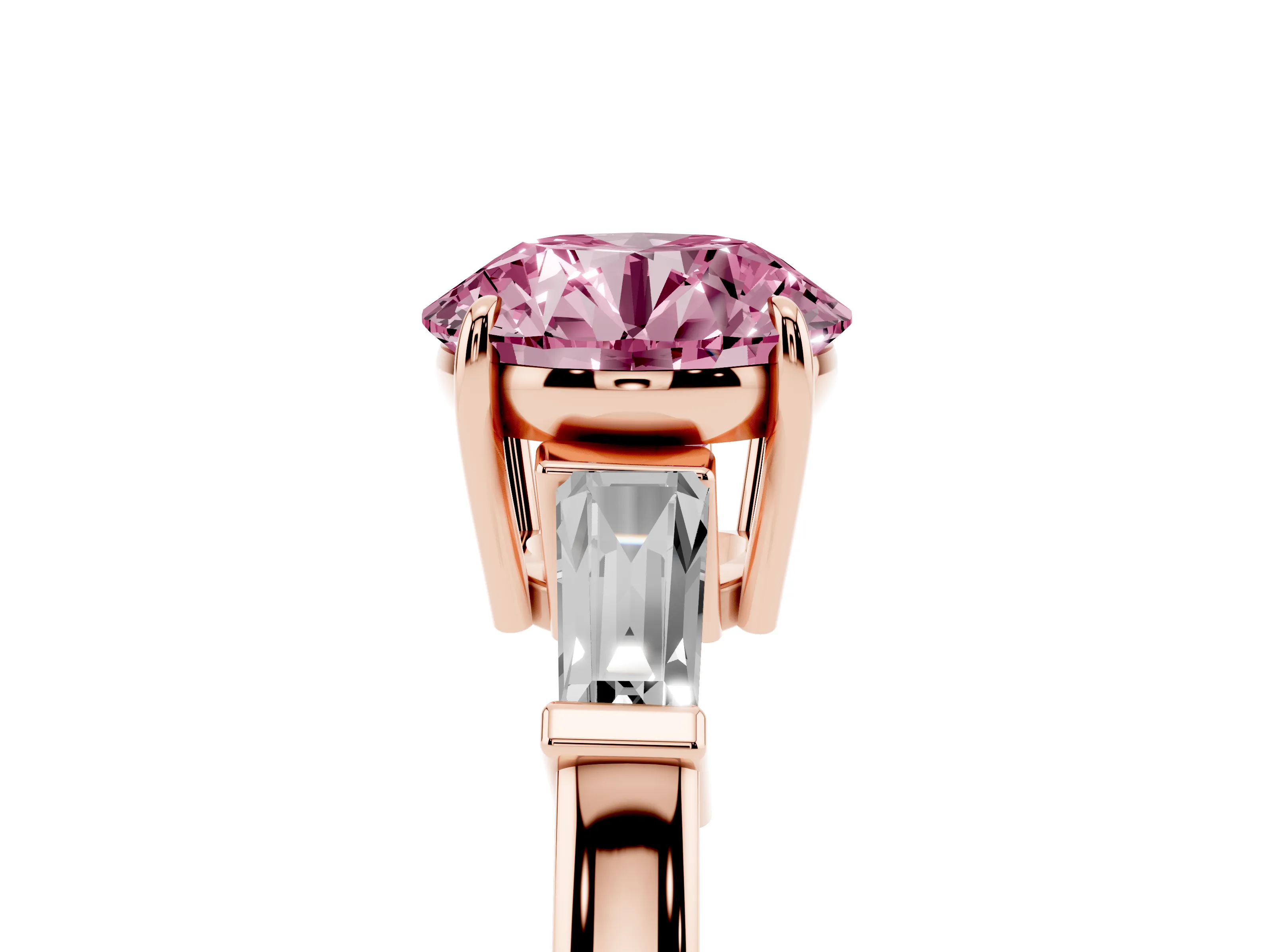 Fancy Pink Round Cut Diamond Three-Stone Ring Set in Rose gold with Tapered Baguette Side Stones and Prong Setting