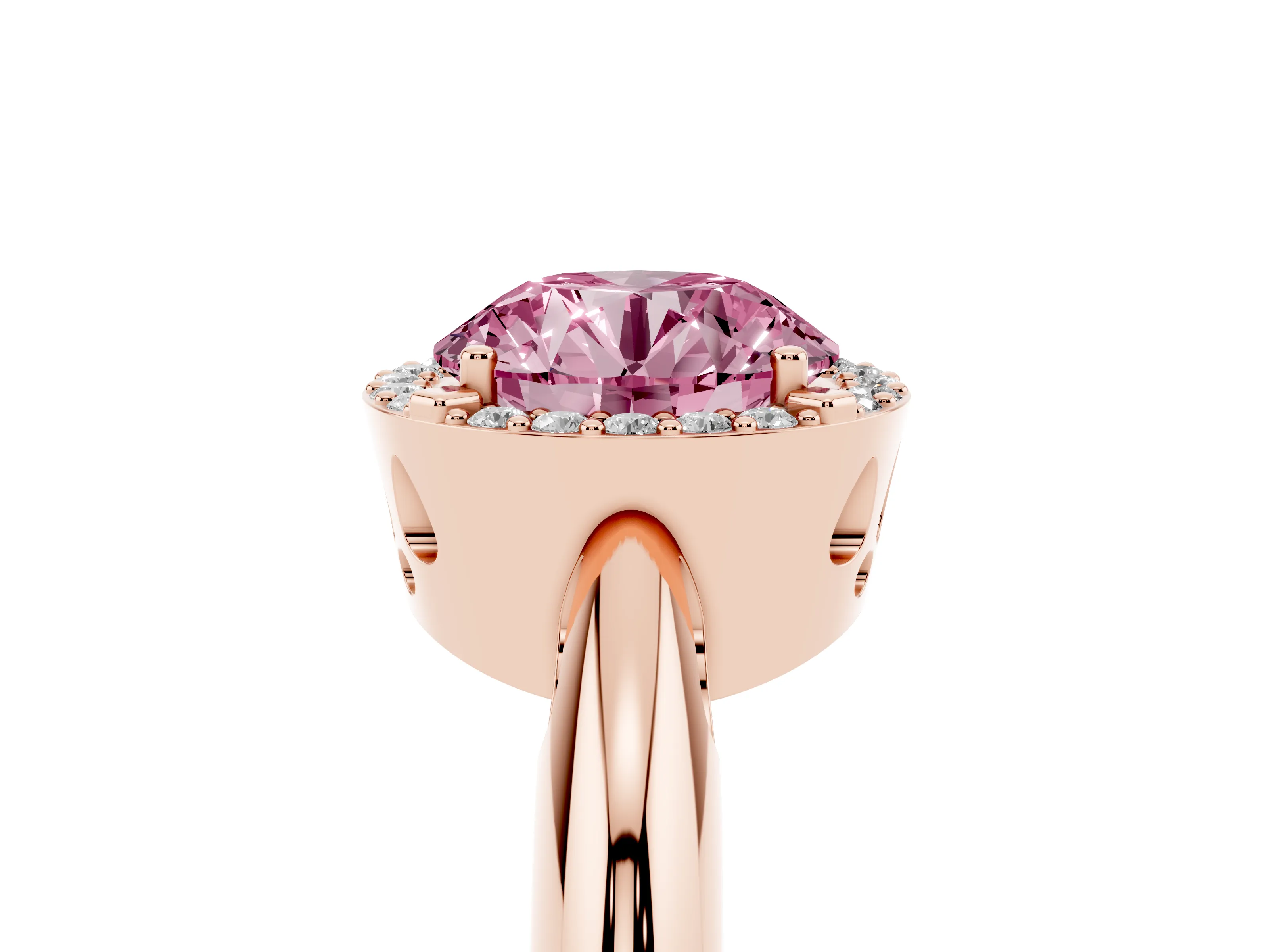 Fancy Pink Round Cut Diamond Halo Engagement Ring Set in Rose gold with Plain Split Shank and Prong Setting