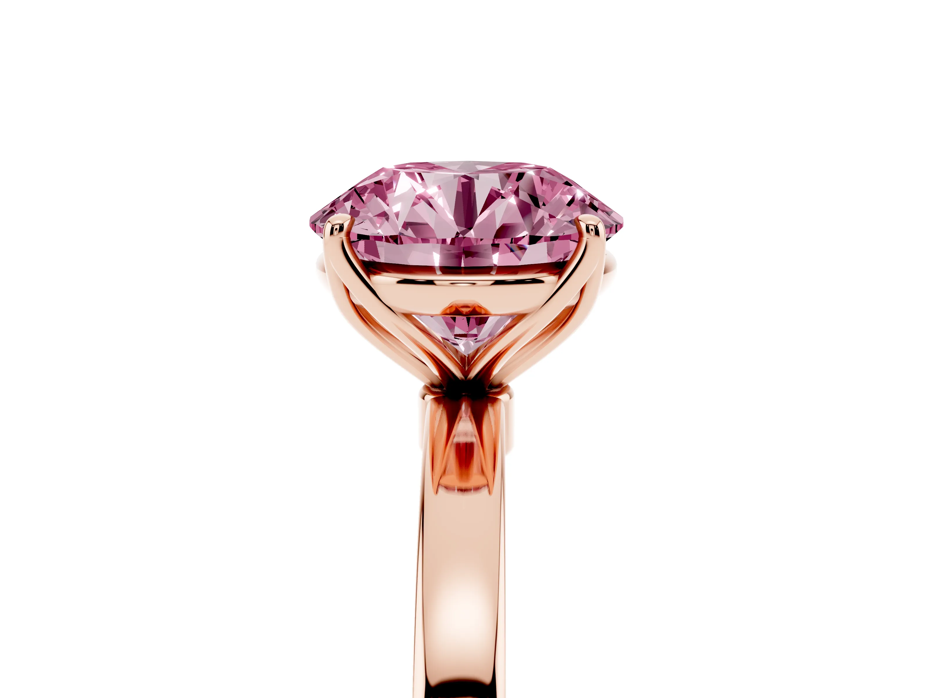 Fancy Pink Round Cut Diamond Solitaire Ring Set in Rose gold with Prong Setting and Thin Polished Band