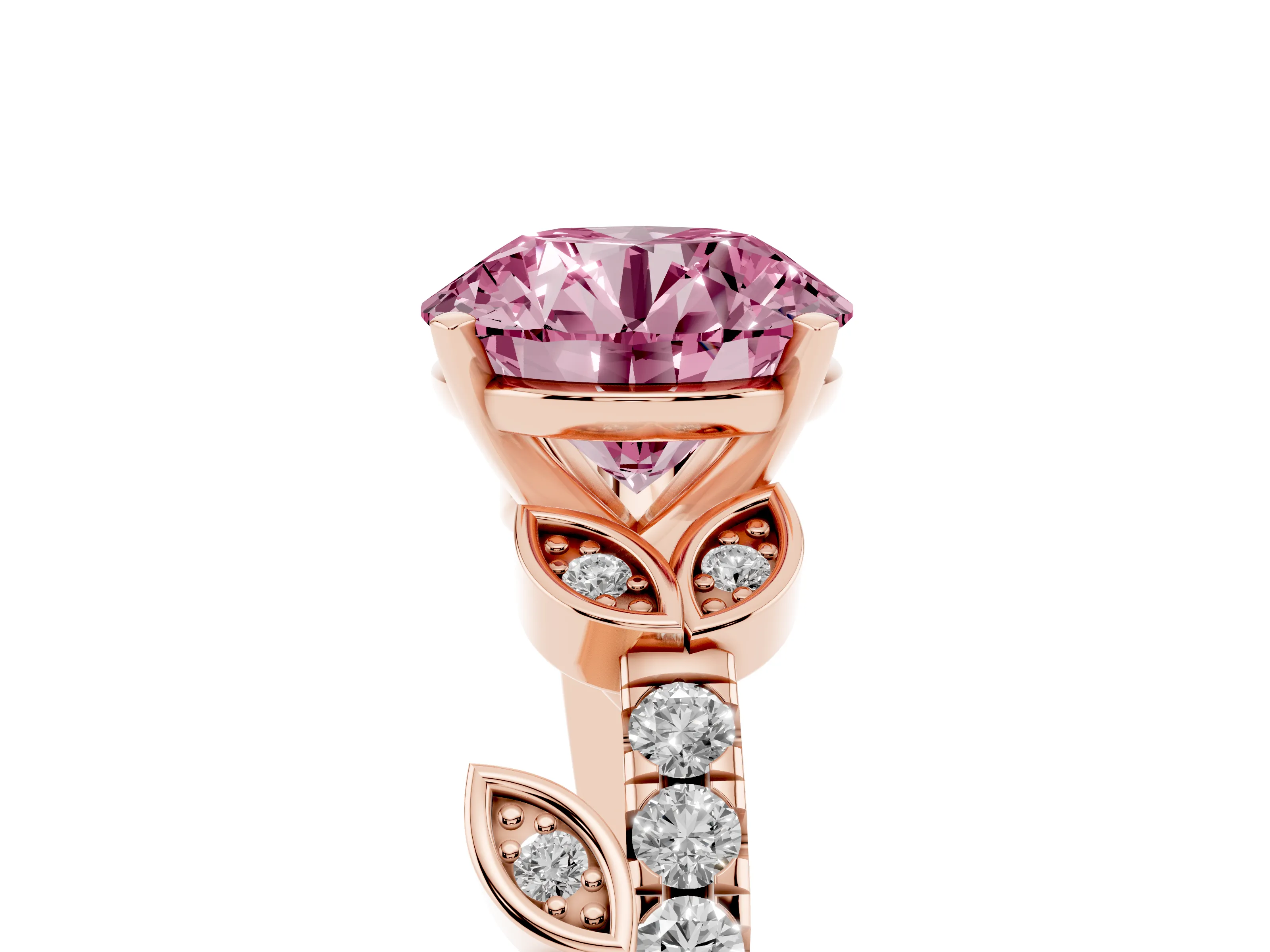 Fancy Pink Round Cut Diamond Solitaire Leaf-Inspired Ring Set in Rose gold with Pavé Band and Prong Setting