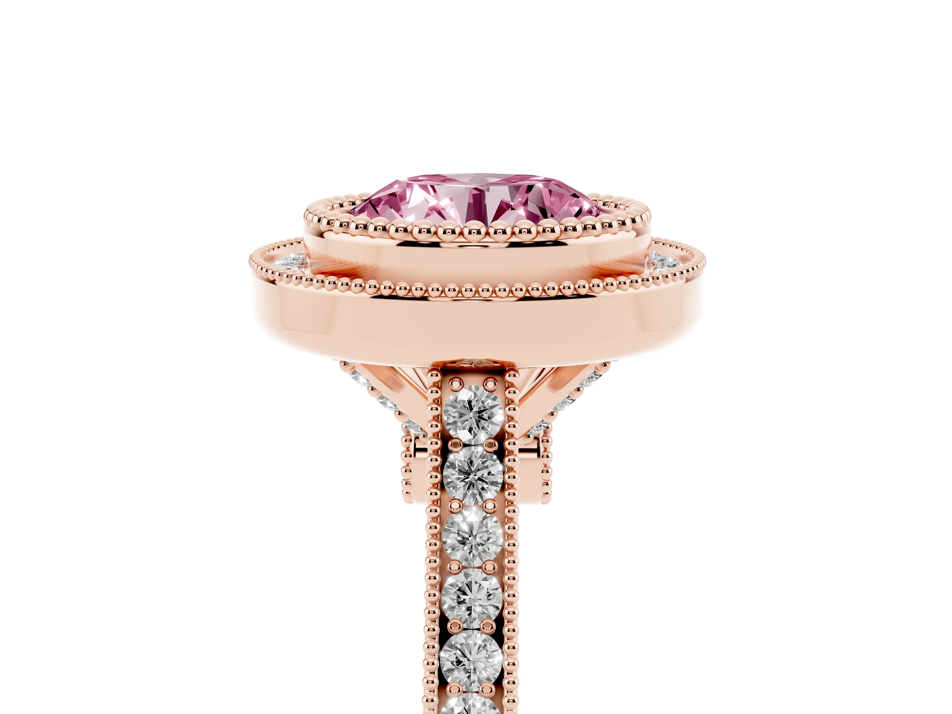 Fancy Pink Round Cut Diamond Halo Ring Set in Rose gold with Milgrain Frame and Pavé Band