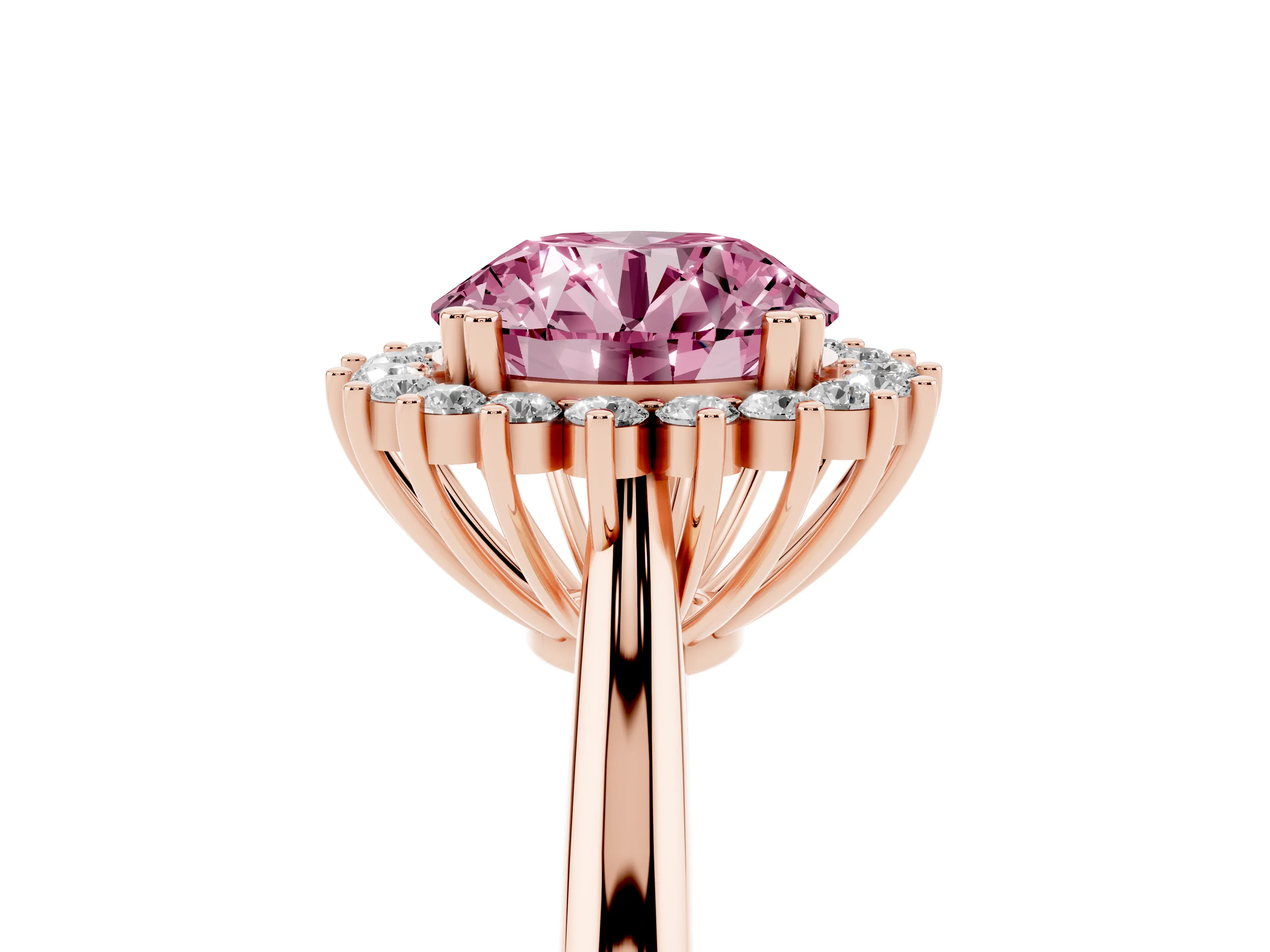 Fancy Pink Round Cut Diamond Halo Ring Set in Rose gold with Plain Solitaire Band and Prong Setting