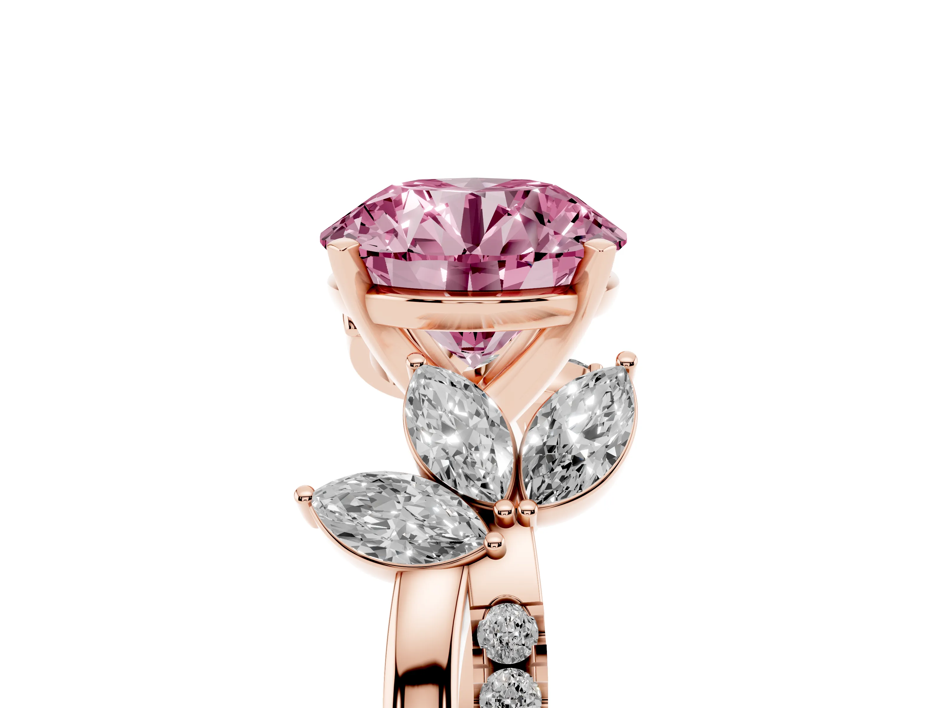 Fancy Pink Round Cut Diamond Floral Vine Solitaire Engagement Ring Set in Rose gold with Marquise Leaves