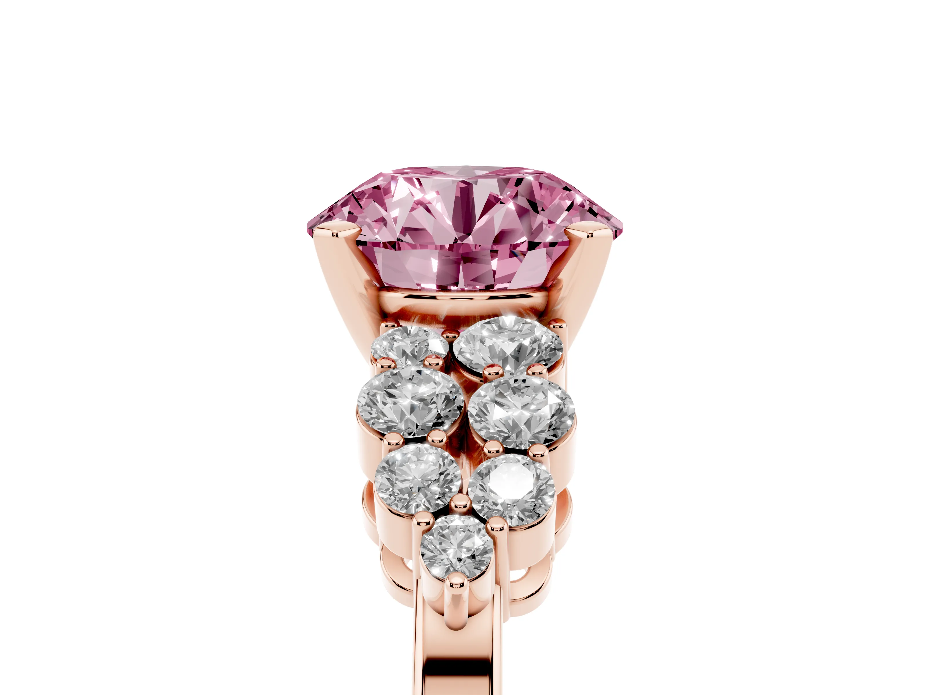 Fancy Pink Round Cut Diamond Cluster Engagement Ring Set in Rose gold with Pavé Band and Prong Setting