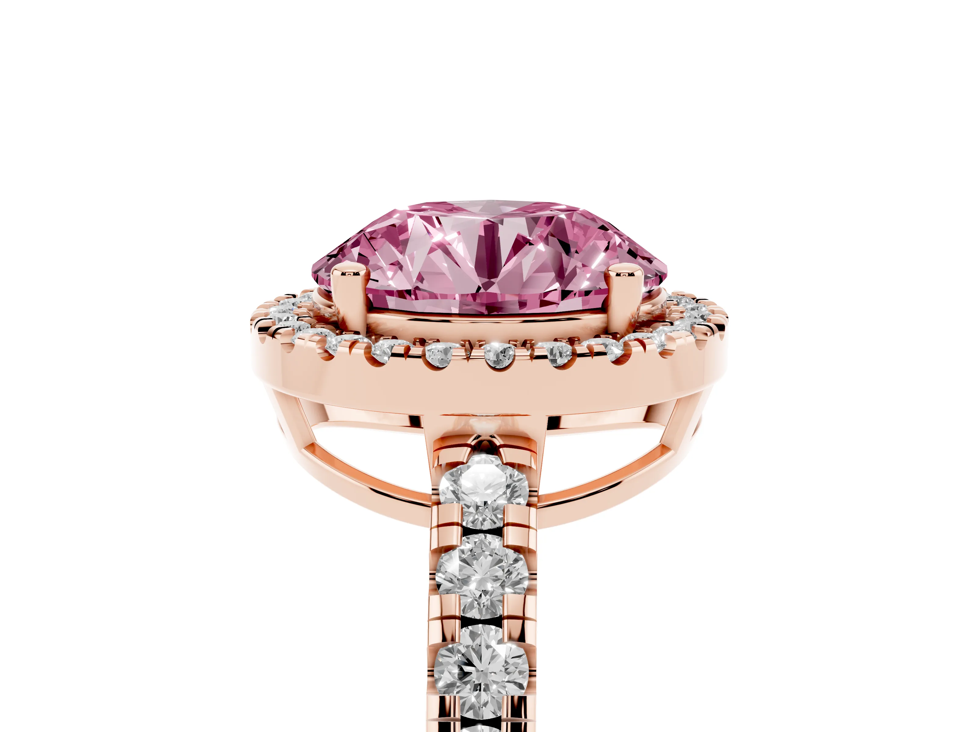 Fancy Pink Round Cut Diamond Halo Ring Set in Rose gold with Delicate Pavé Band and Prong Setting