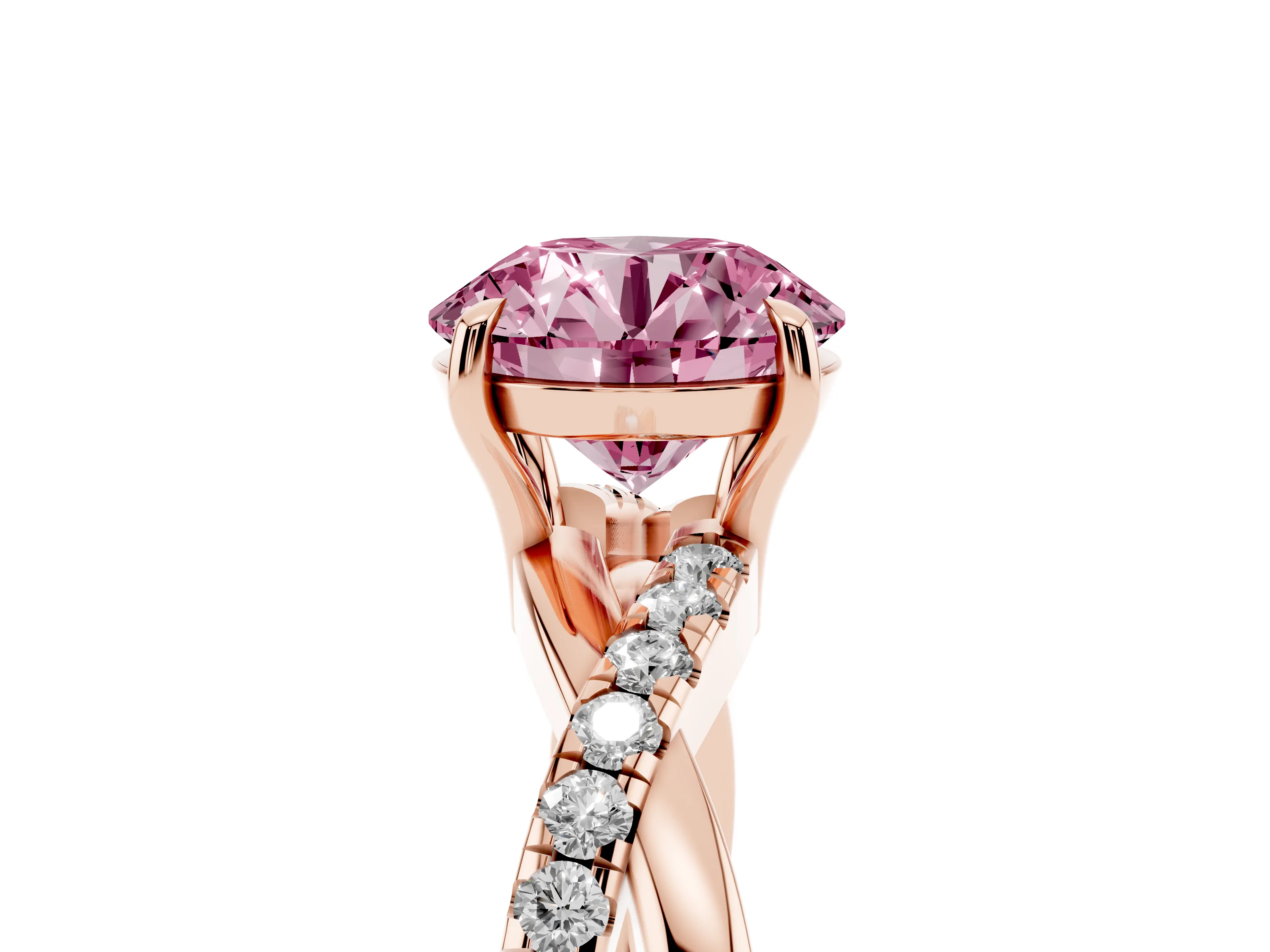 Fancy Pink Round Cut Diamond Twisted Pavé Band Ring Set in Rose gold with Prong Setting