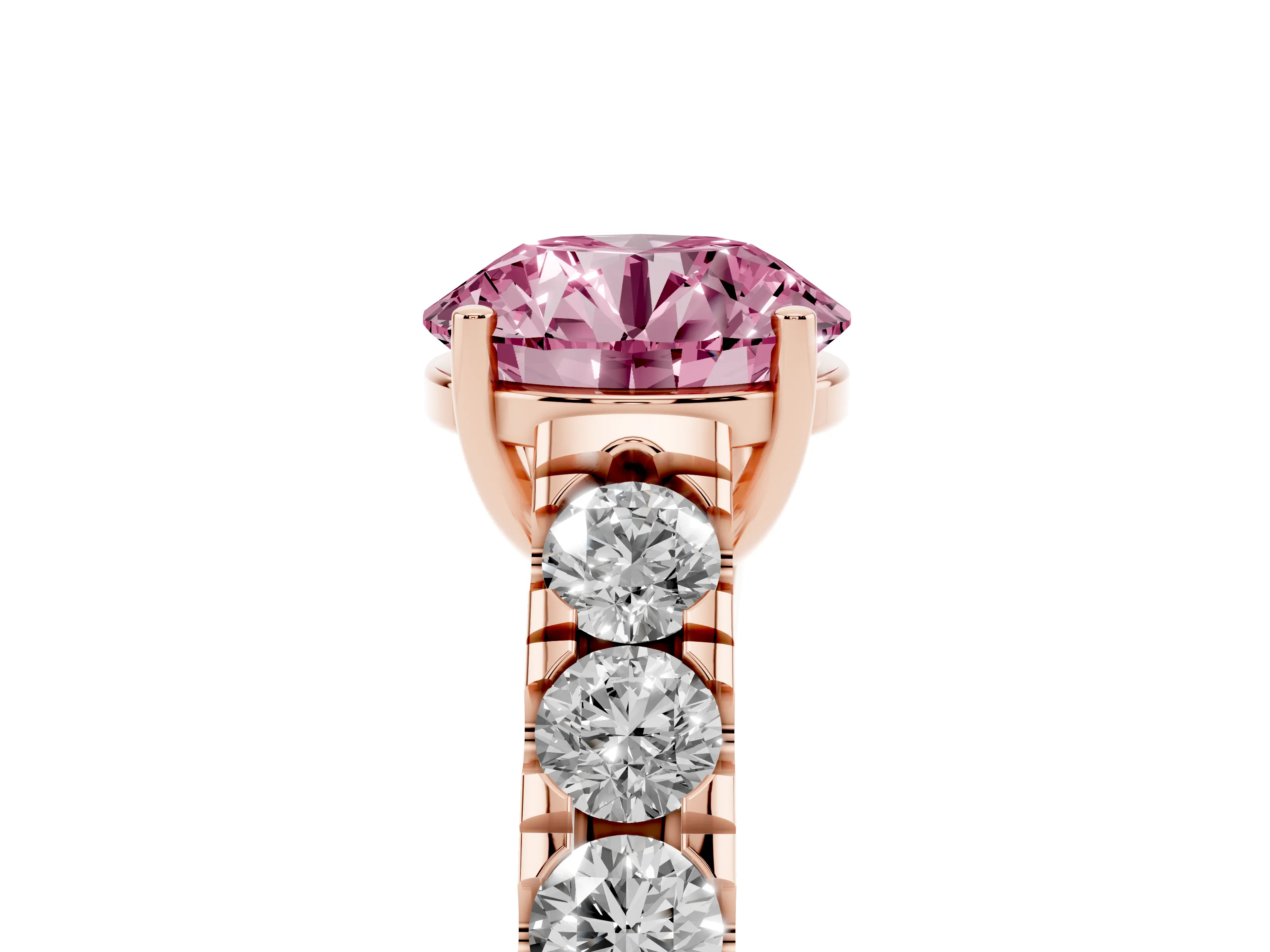 Fancy Pink Round Cut Diamond Solitaire Ring Set in Rose gold with Cut-Down Micro Pavé Band and Prong Setting