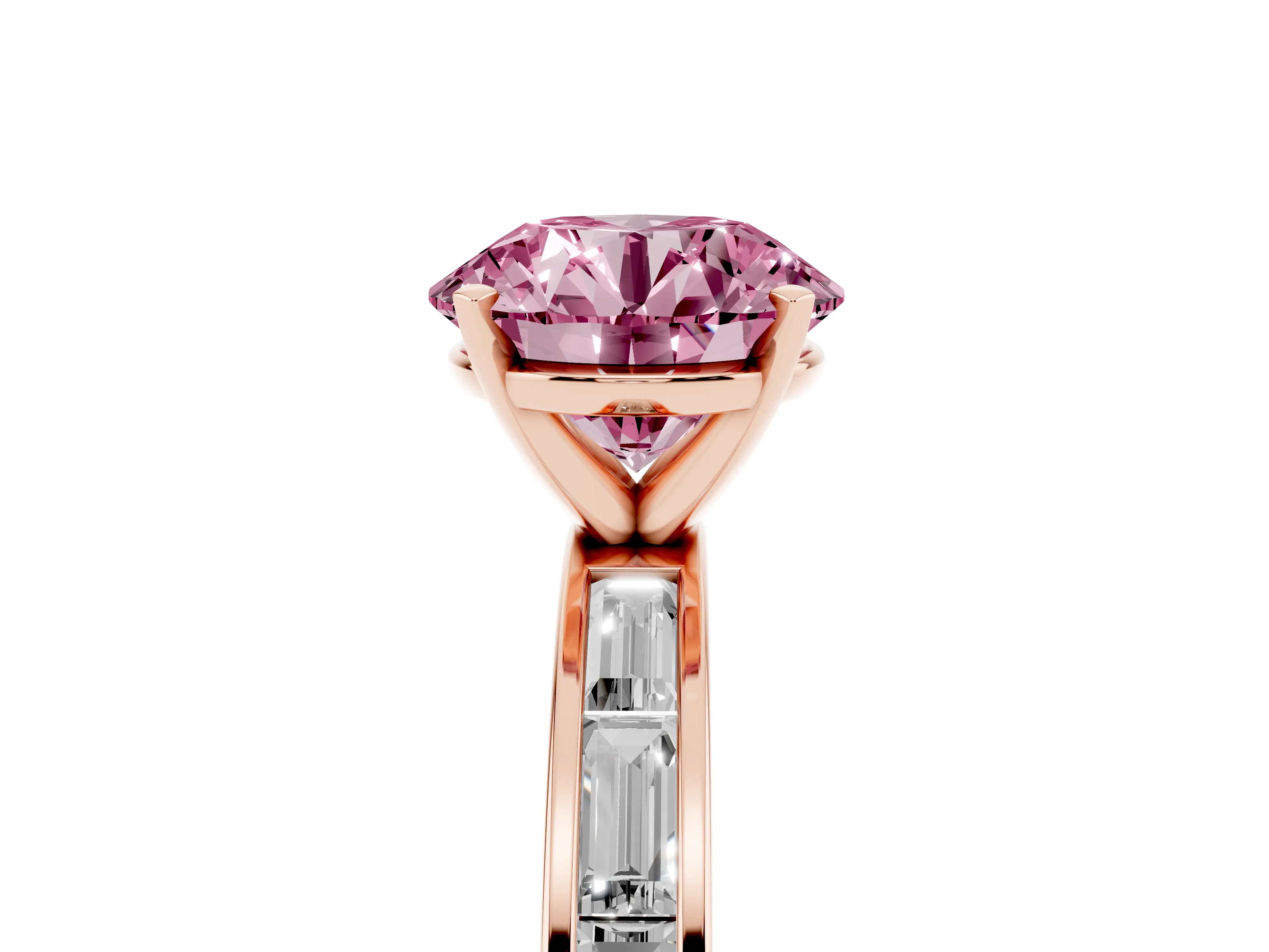 Fancy Pink Round Cut Diamond Solitaire Ring Set in Rose gold with Channel-Set Baguette Band and Prong Setting