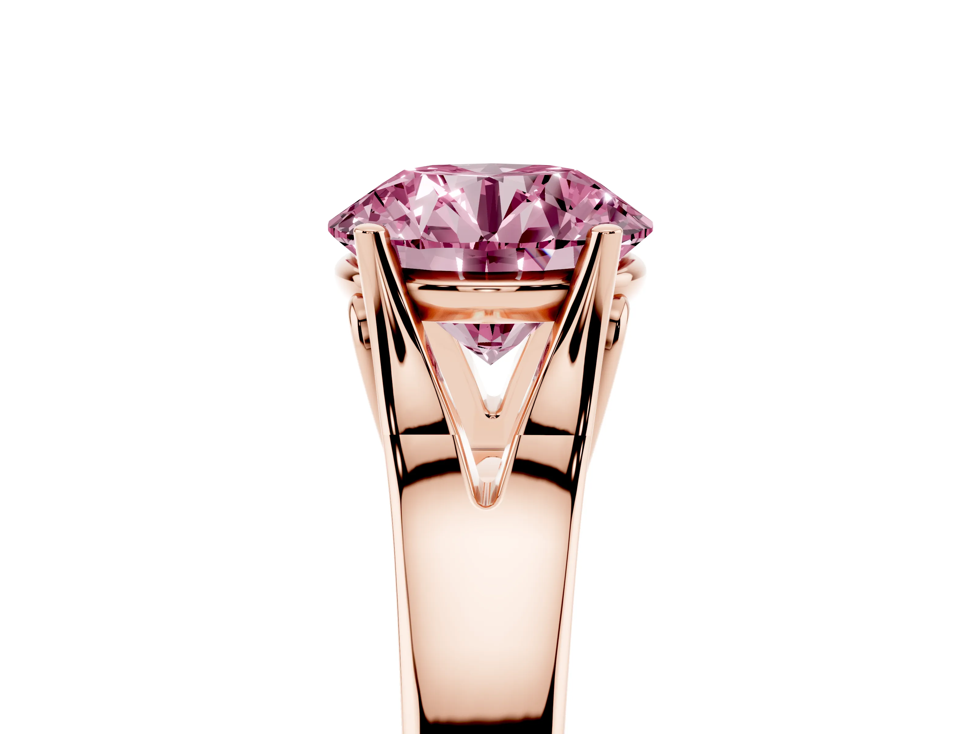 Fancy Pink Round Cut Diamond Solitaire Ring Set in Rose gold with Arched Cathedral Band and Prong Setting