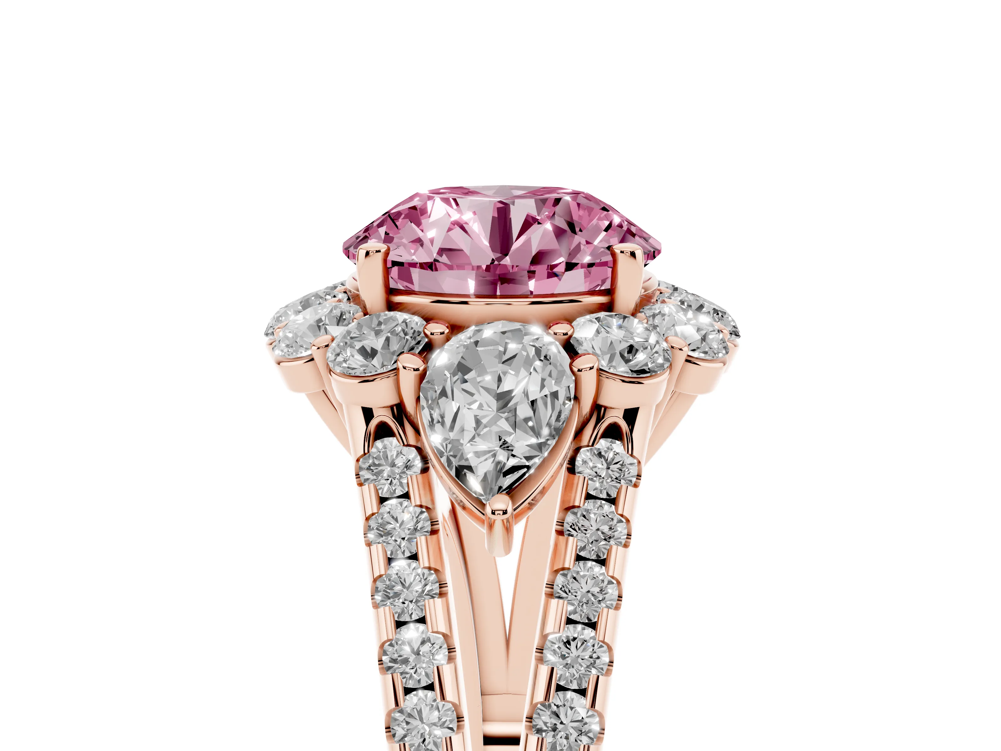 Fancy Pink Round Cut Diamond Halo Split Shank Engagement Ring Set in Rose gold with Prong-Held Center Stone
