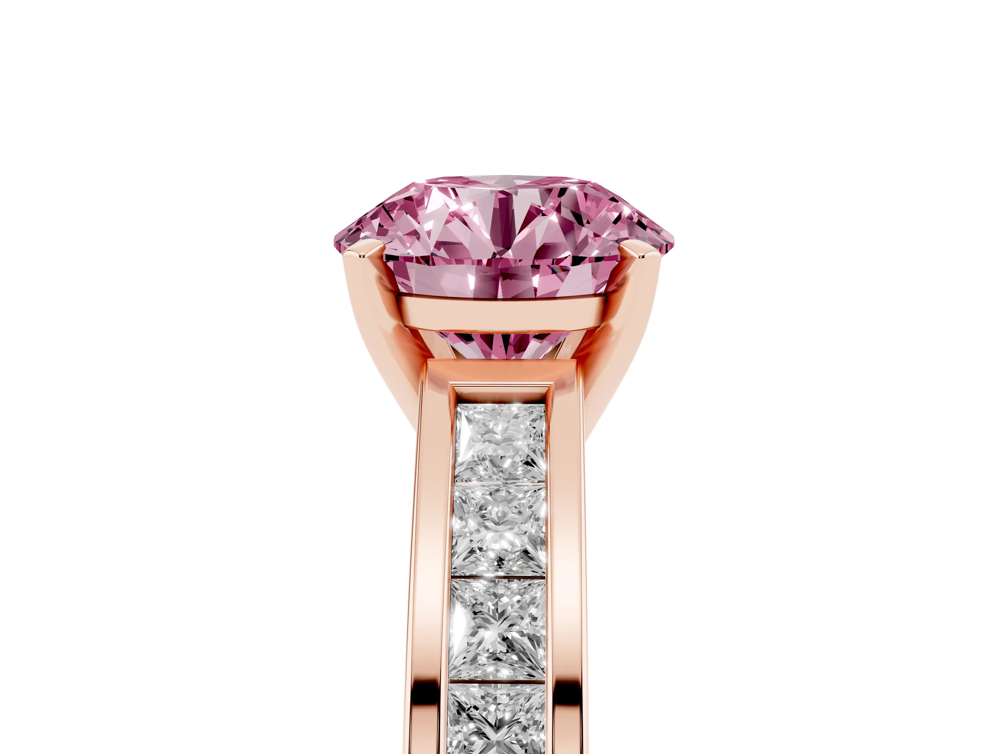 Fancy Pink Round Cut Diamond Solitaire Ring Set in Rose gold with Channel-Set Band and Prong Setting