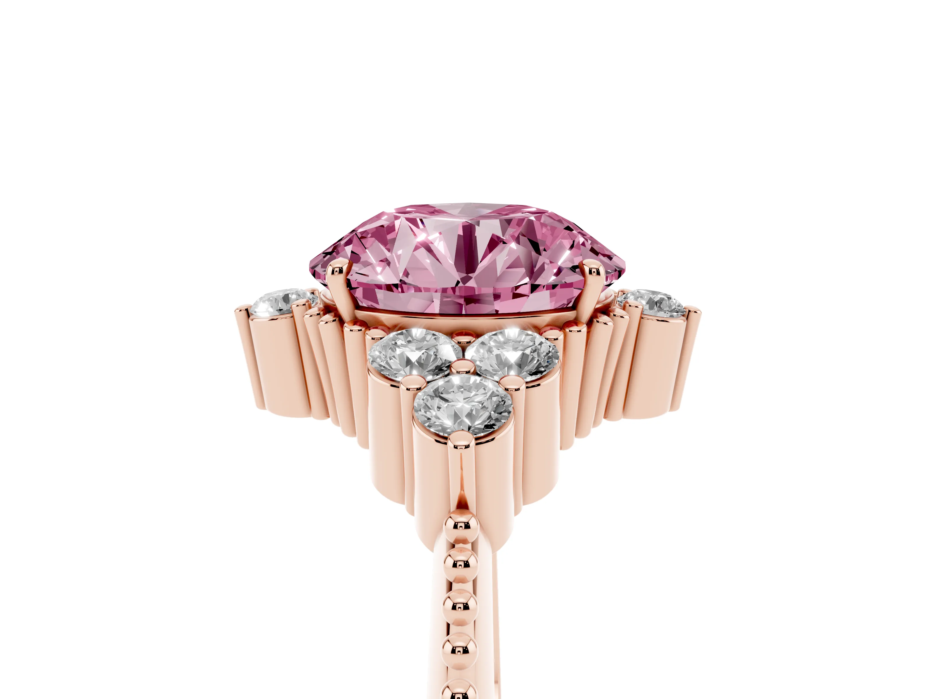 Fancy Pink Round Cut Diamond Cluster Ring Set in Rose gold with Beaded Band