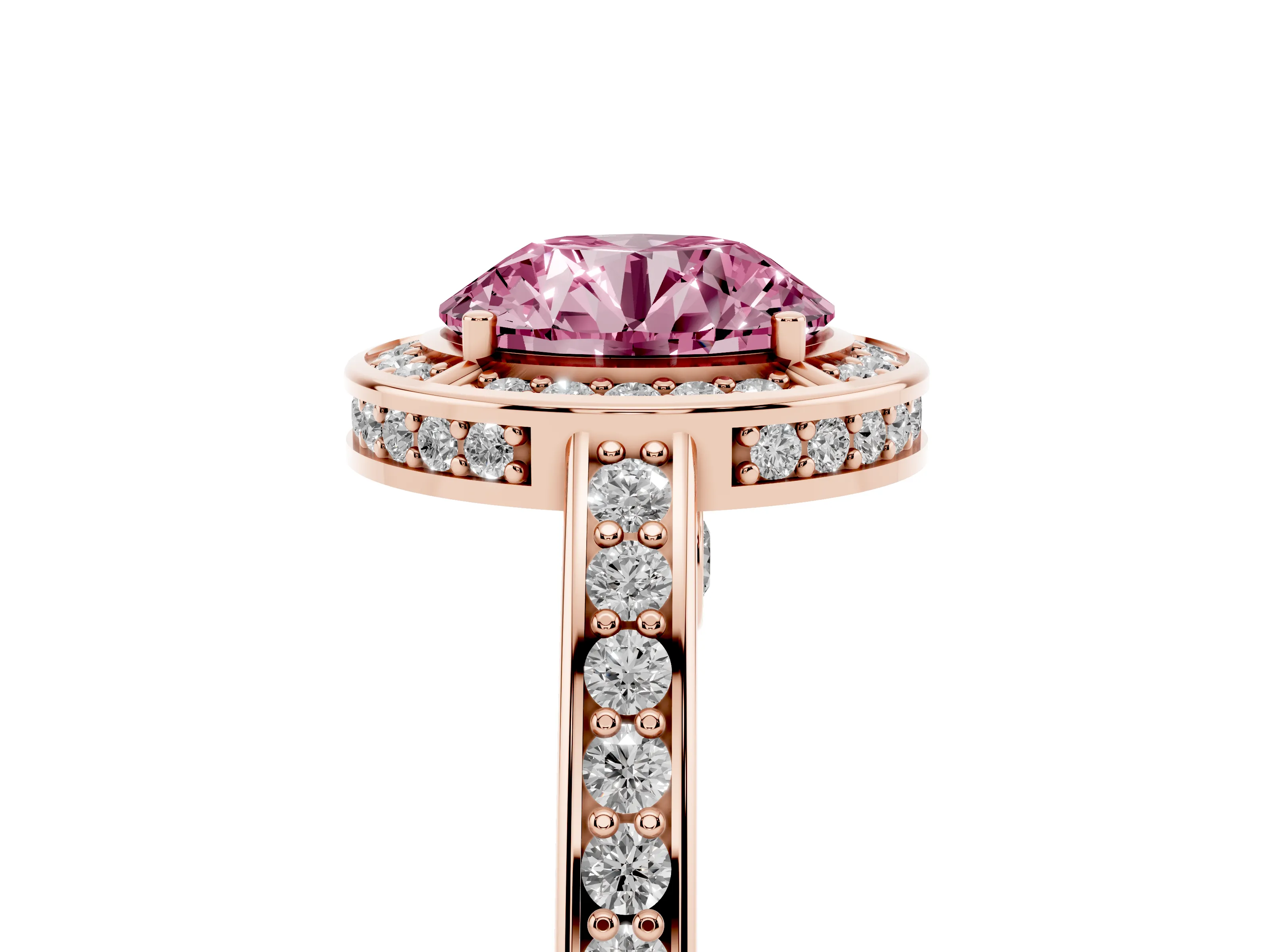 Fancy Pink Round Cut Diamond Halo Pavé Split Shank Ring Set in Rose gold with Prong Setting