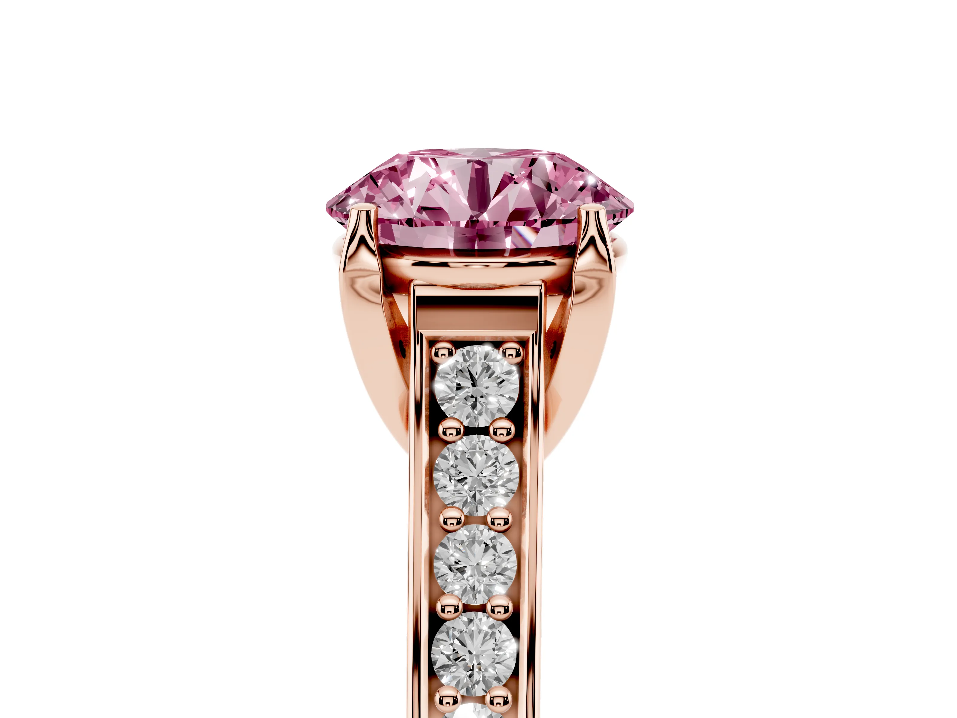 Fancy Pink Round Cut Diamond Solitaire Pavé Engagement Ring Set in Rose gold with Prong Setting