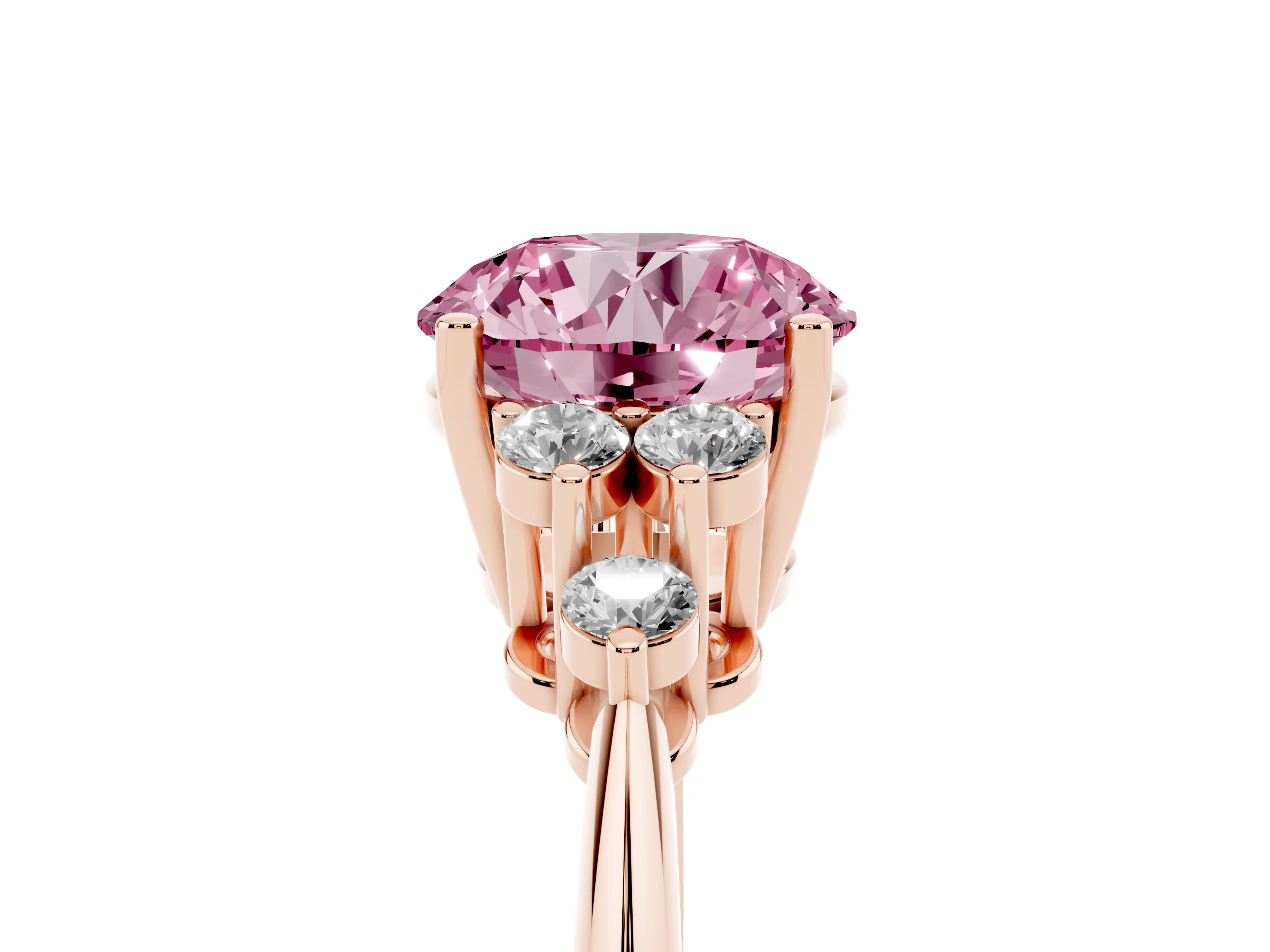 Fancy Pink Round Cut Diamond Cluster Ring Set in Rose gold with Plain Band and Prong Setting
