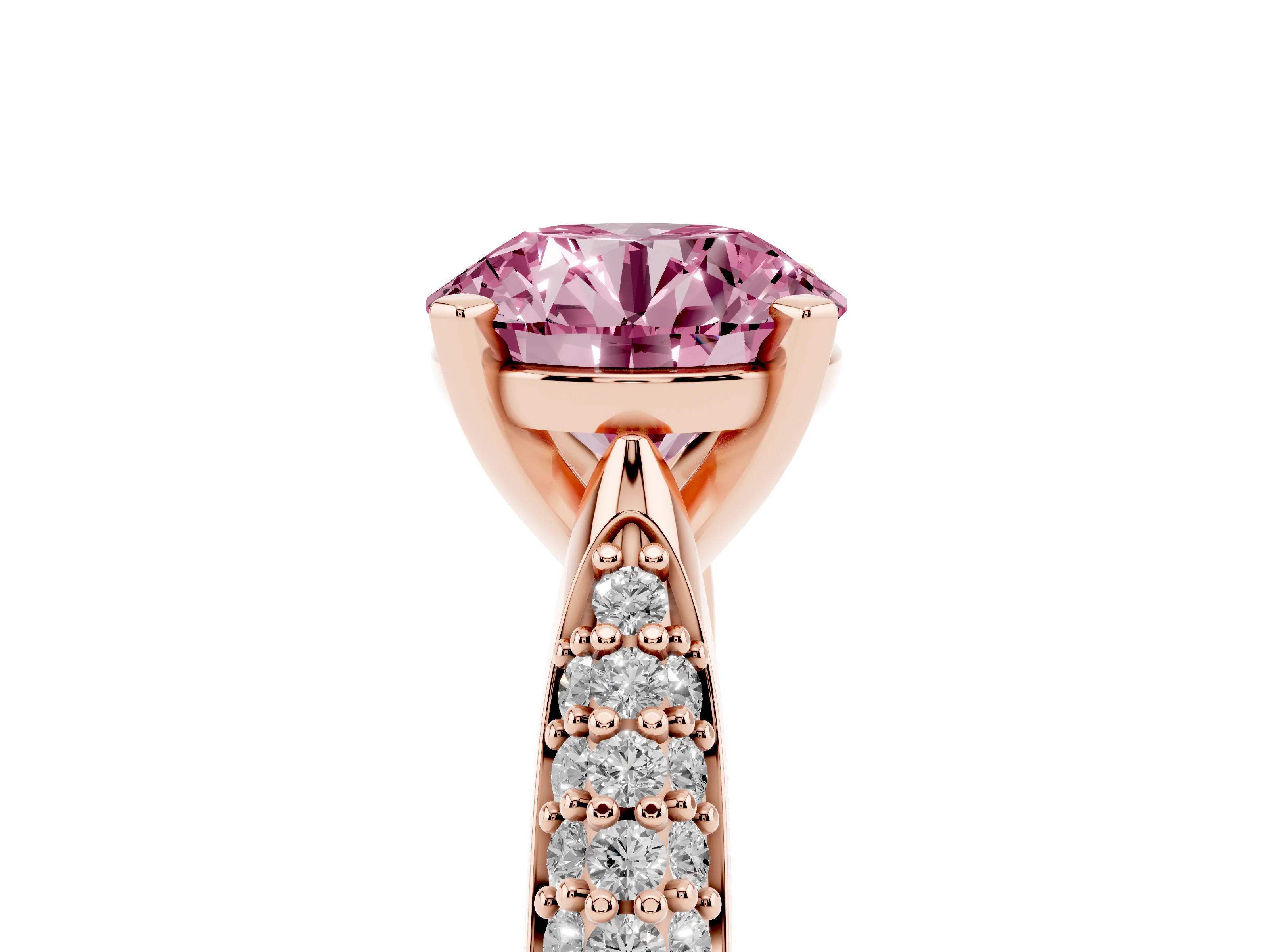 Fancy Pink Round Cut Diamond Solitaire Engagement Ring Set in Rose gold with Multi-Row Round Pavé Band and Prong Setting