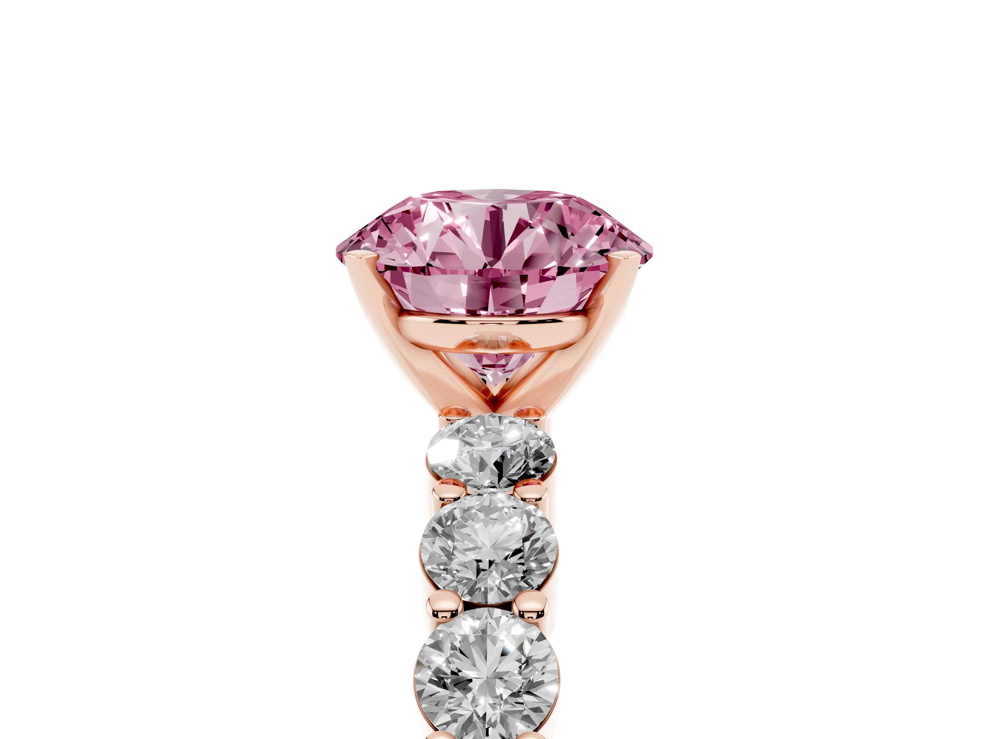 Fancy Pink Round Cut Diamond Solitaire Ring Set in Rose gold with Shared Prong Round Side Stones