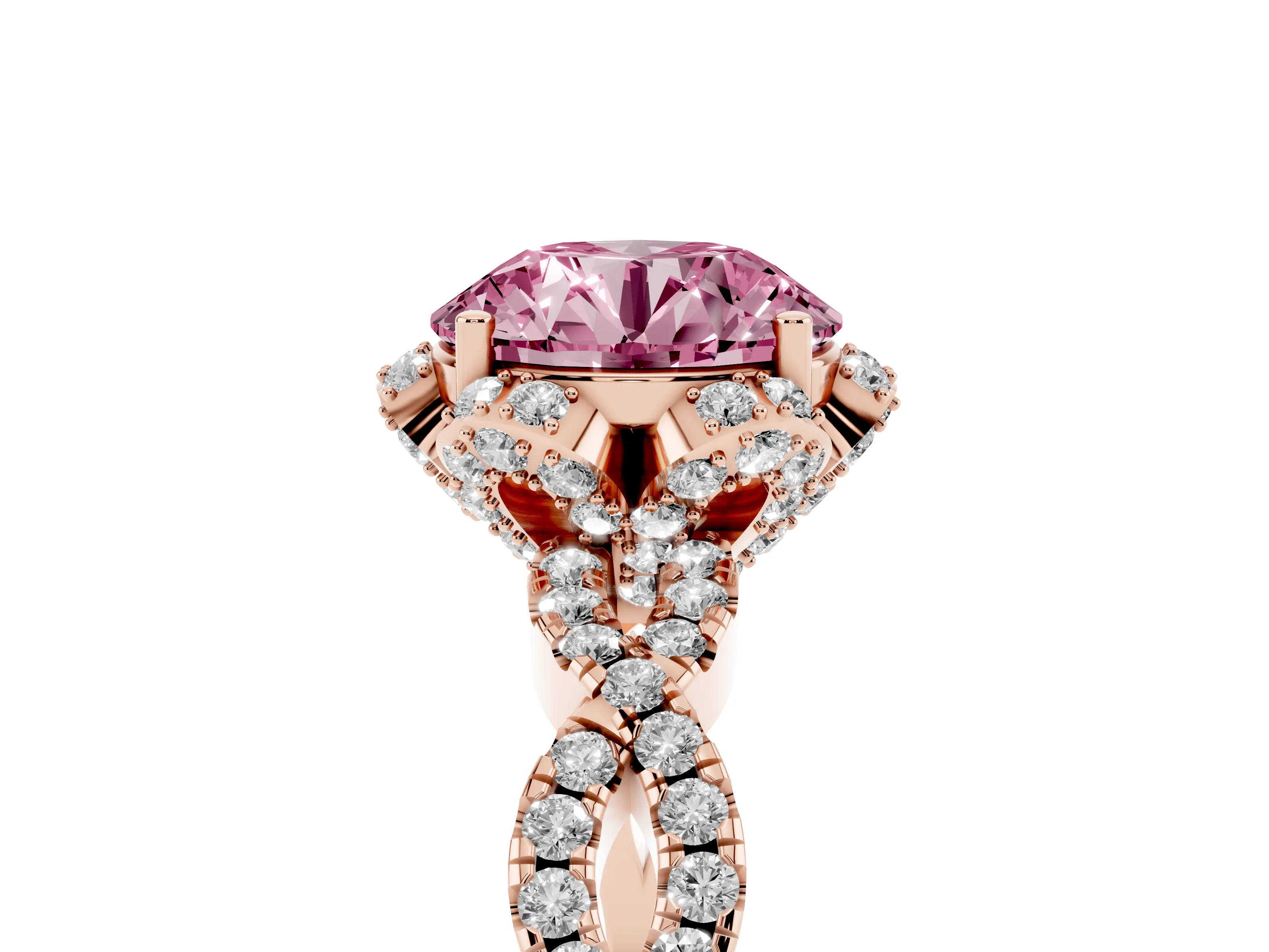 Fancy Pink Round Cut Diamond Halo Twist Band Solitaire Ring Set in Rose gold with Prong-Set Center Stone
