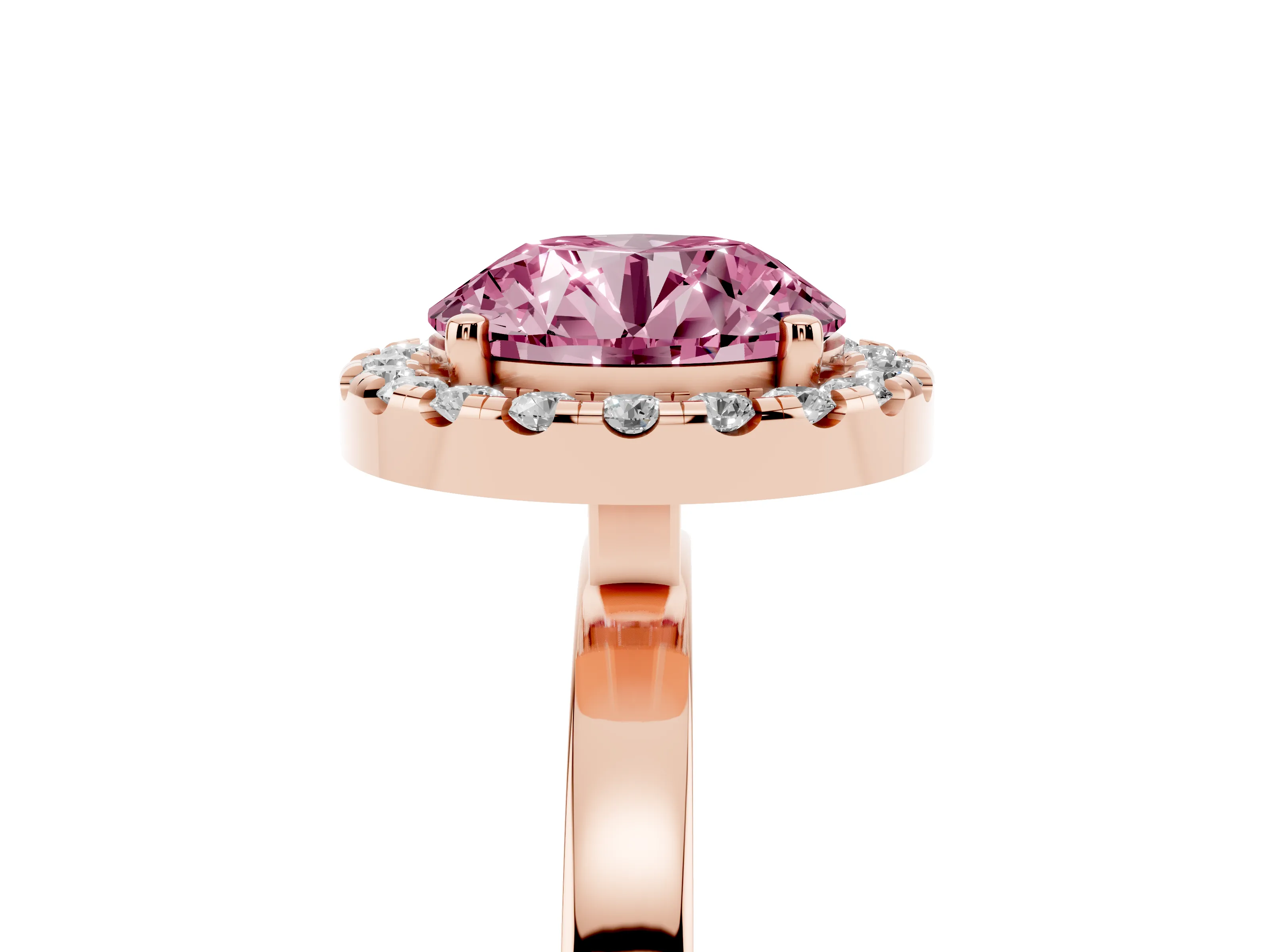 Fancy Pink Round Cut Diamond Halo Solitaire Ring Set in Rose gold with Pavé Band and Prong Setting