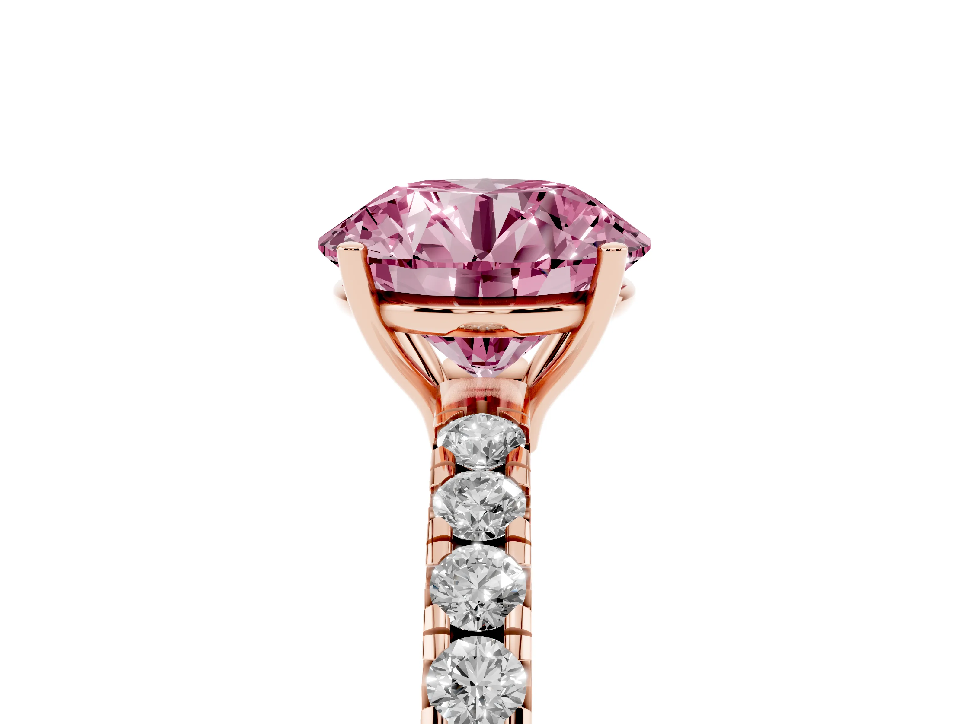 Fancy Pink Round Cut Diamond Pavé Solitaire Engagement Ring Set in Rose gold with Prong Setting