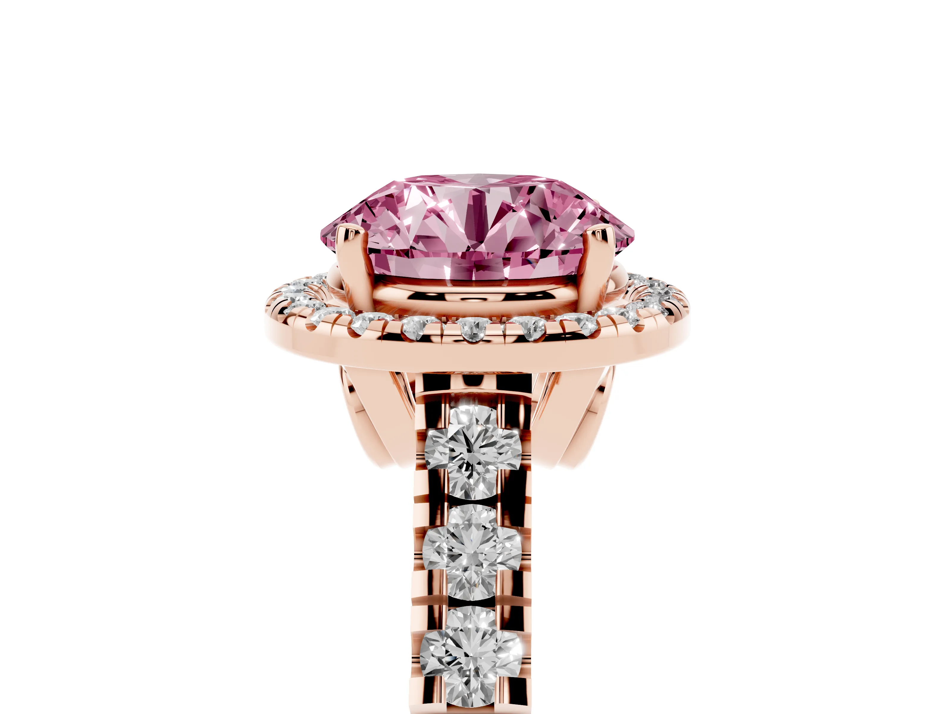 Fancy Pink Round Cut Diamond Halo Engagement Ring Set in Rose gold with Pavé Band and Prong-Set Center