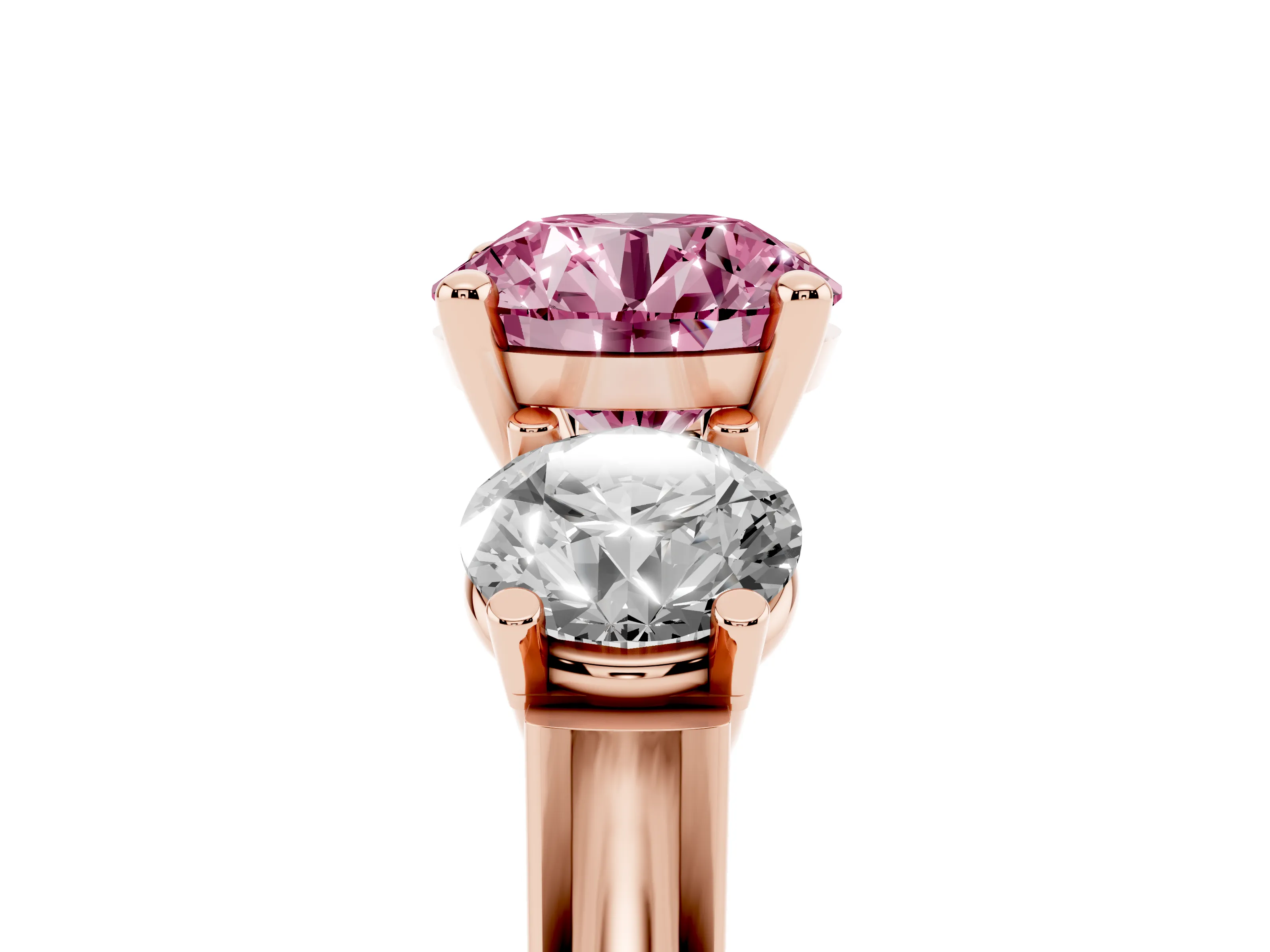 Fancy Pink Round Cut Diamond Three-Stone Trellis Ring Set in Rose gold with Comfort Fit Band