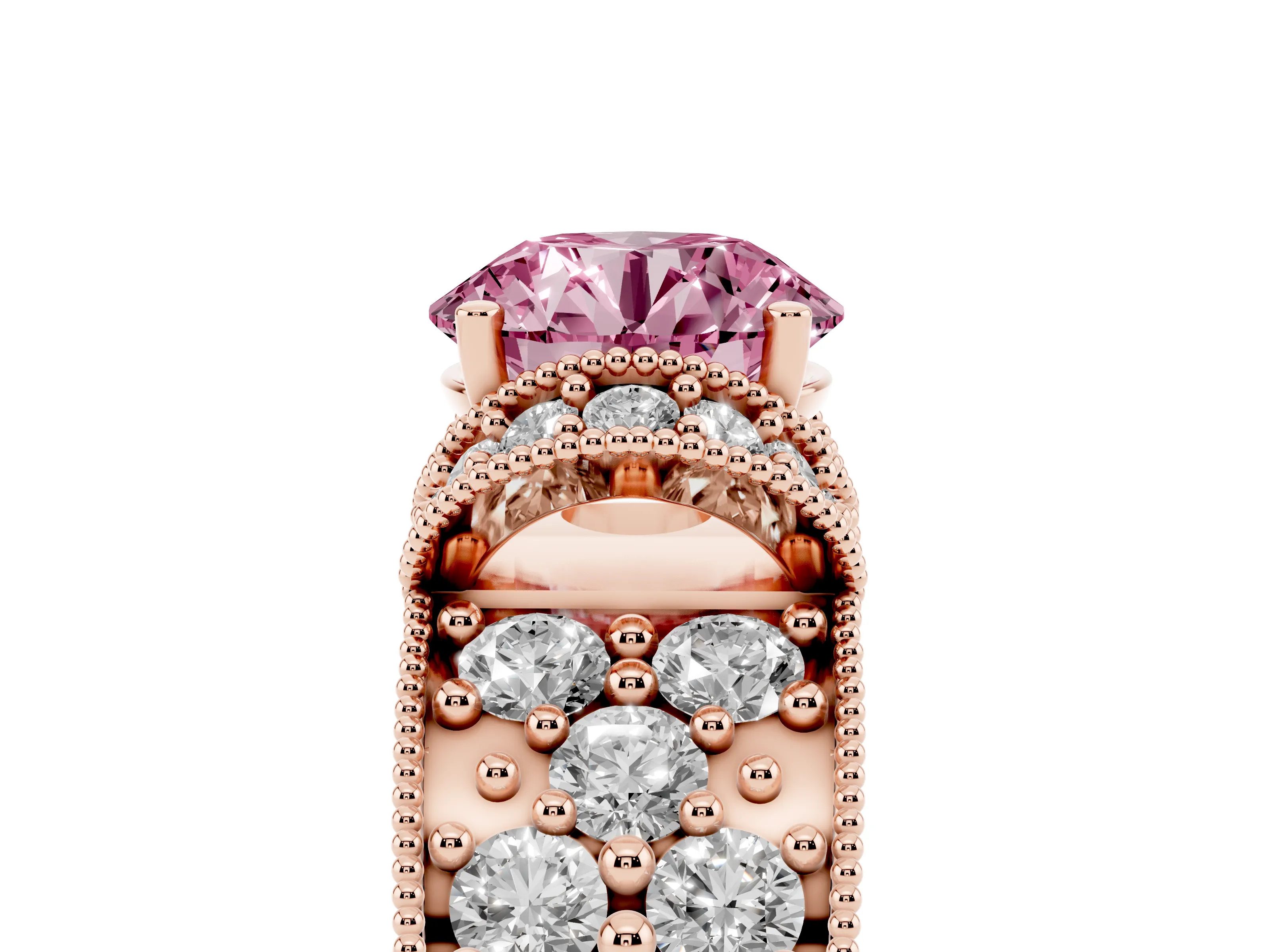 Fancy Pink Round Cut Diamond Milgrain Halo Pavé Engagement Ring Set in Rose gold with Prong Setting