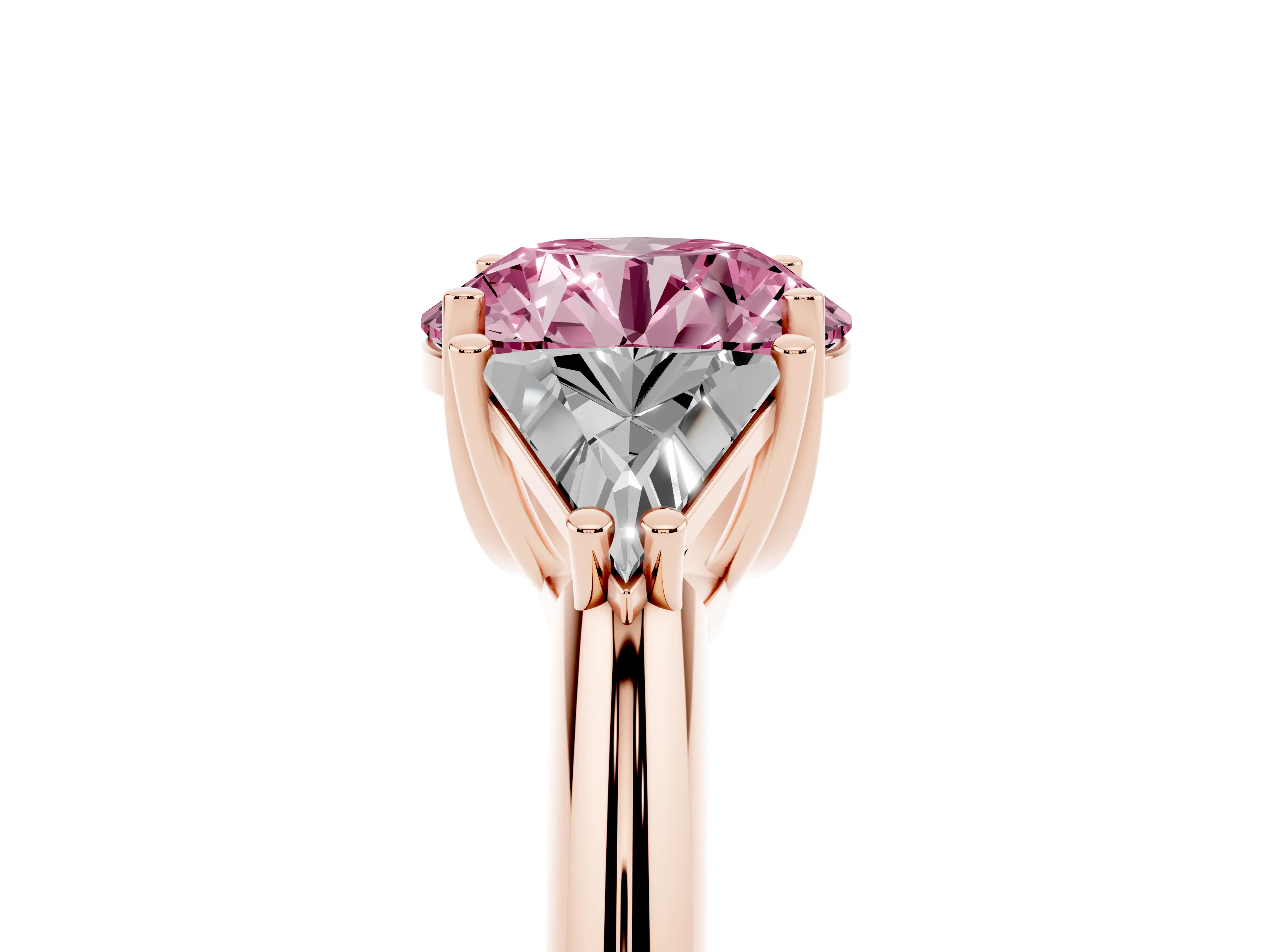 Fancy Pink Round Cut Diamond Three-Stone Engagement Ring Set in Rose gold with Trillion Side Stones