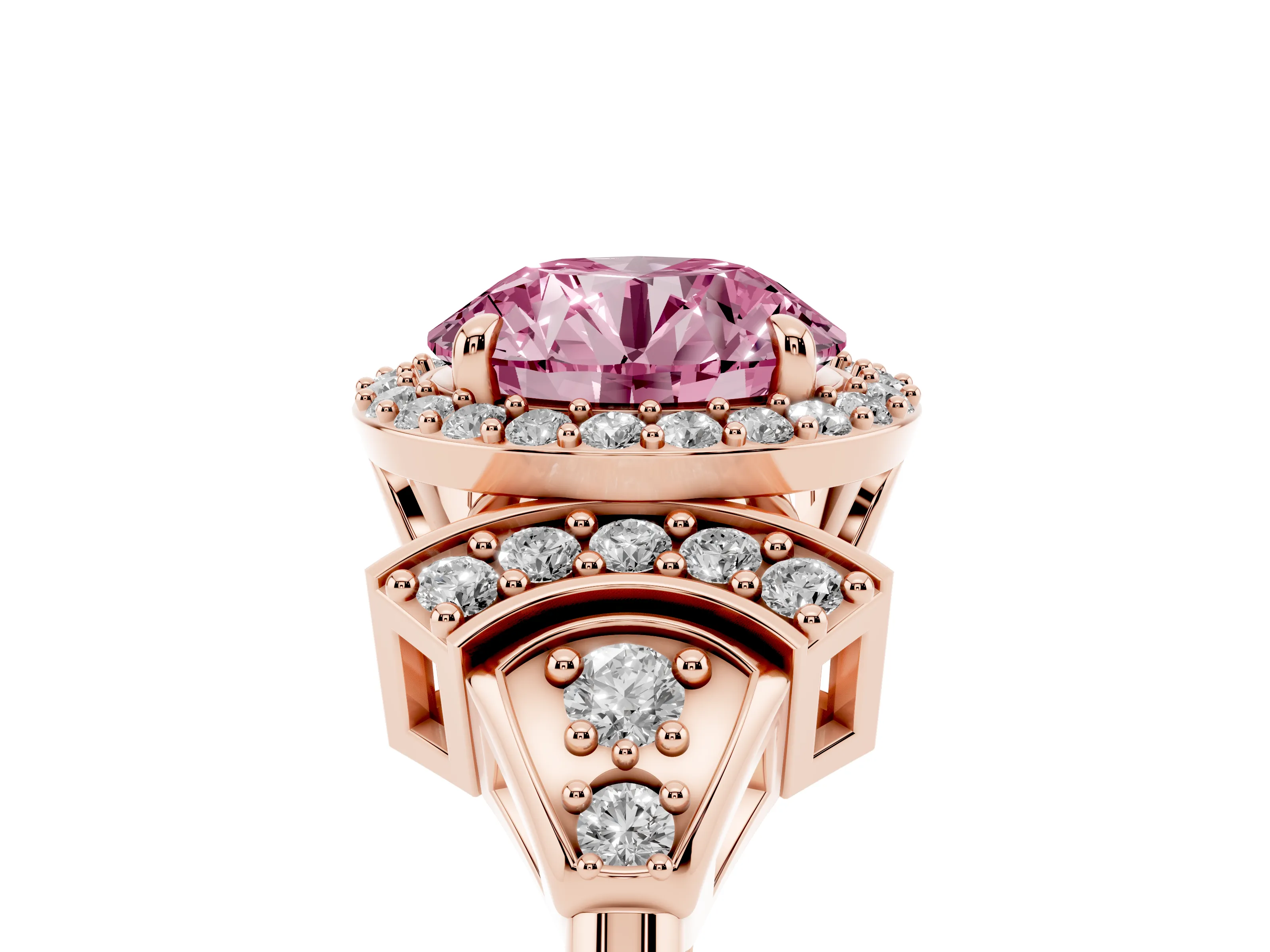 Fancy Pink Round Cut Diamond Halo Engagement Ring Set in Rose gold with Accent Stone Split Shank