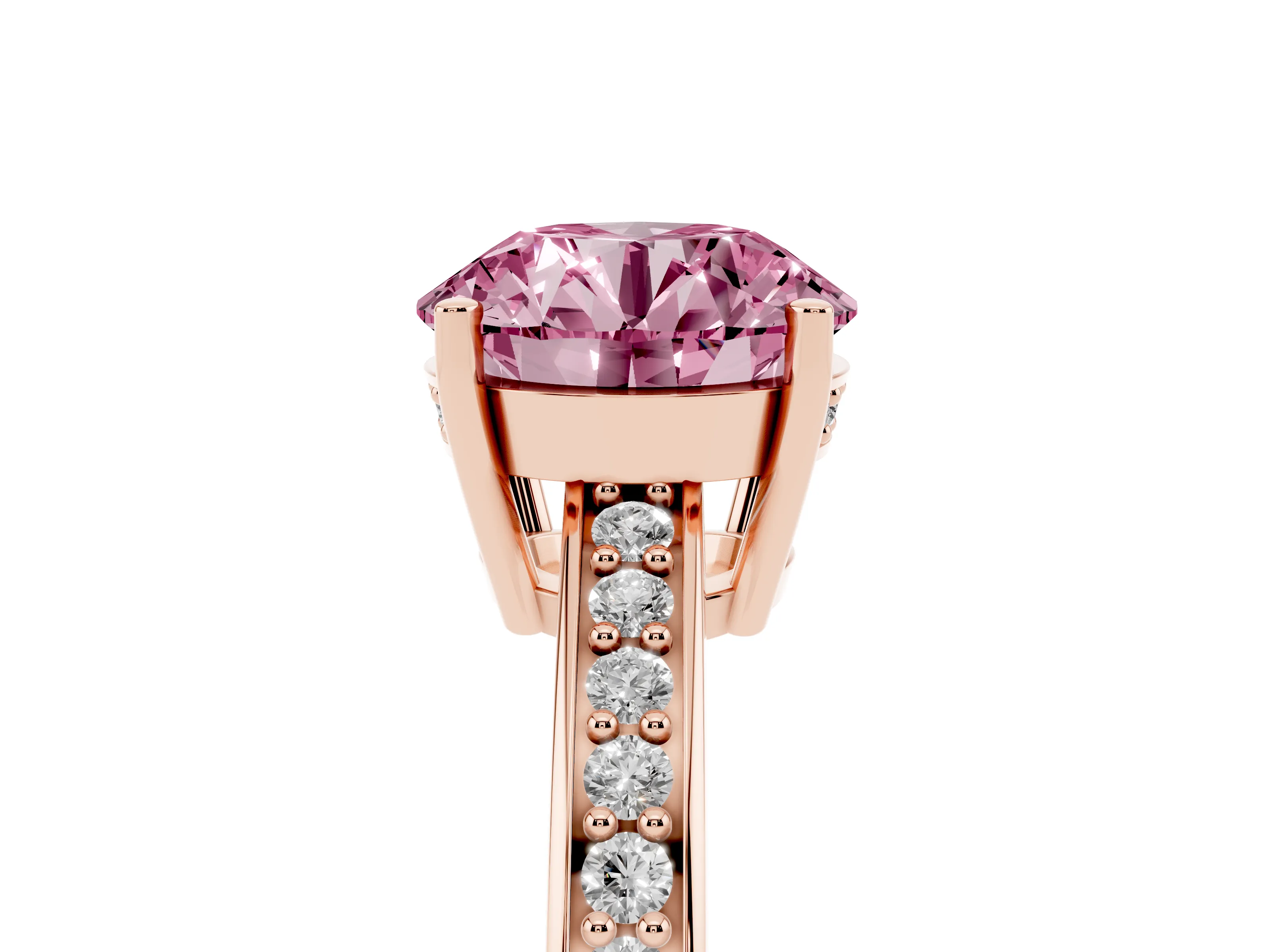 Fancy Pink Round Cut Diamond Pavé Band Prong Set Solitaire Ring Set in Rose gold