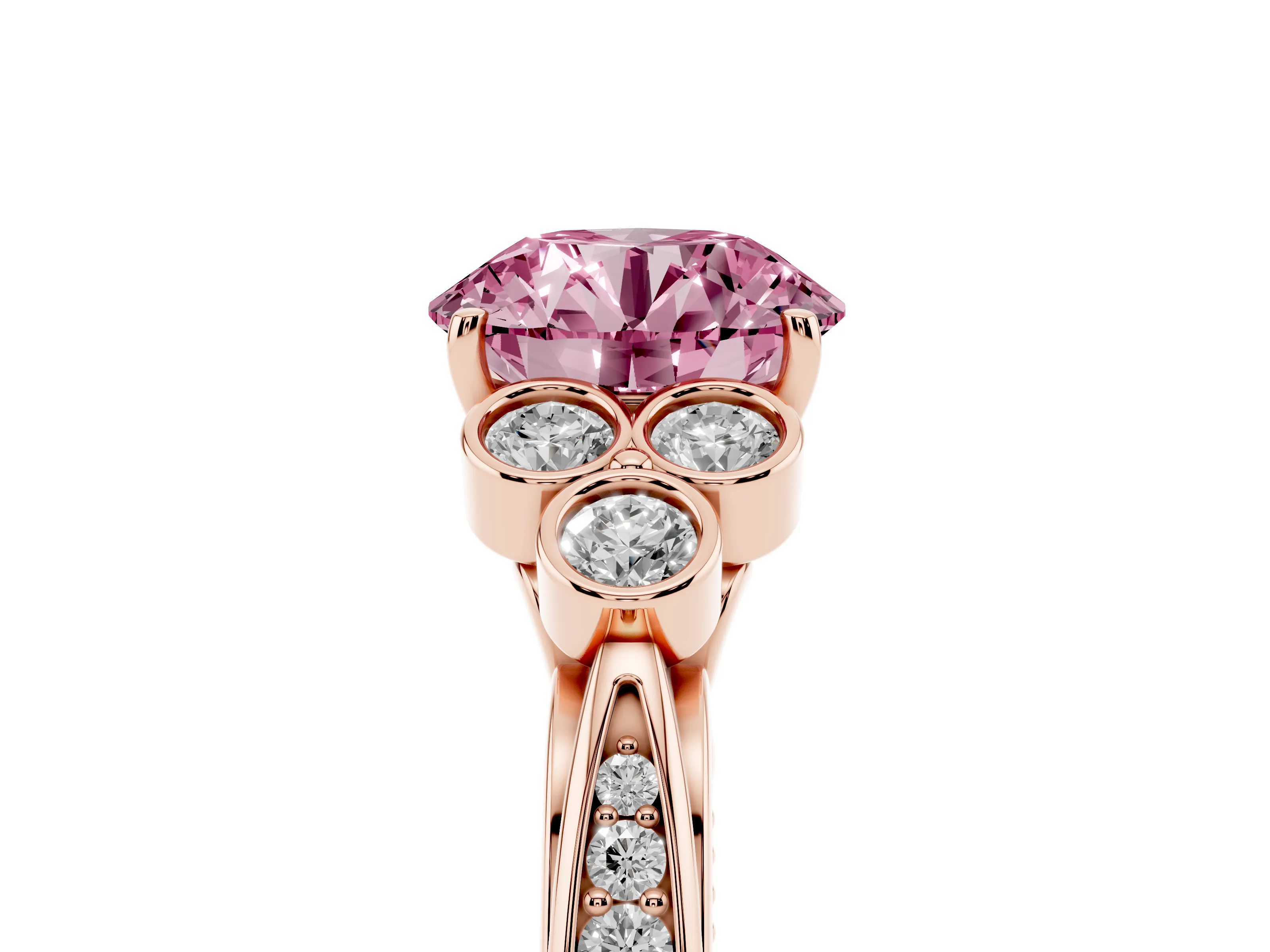Fancy Pink Round Cut Diamond Engagement Ring Set in Rose gold with Bezel Set Round Side Stones and Prong Setting