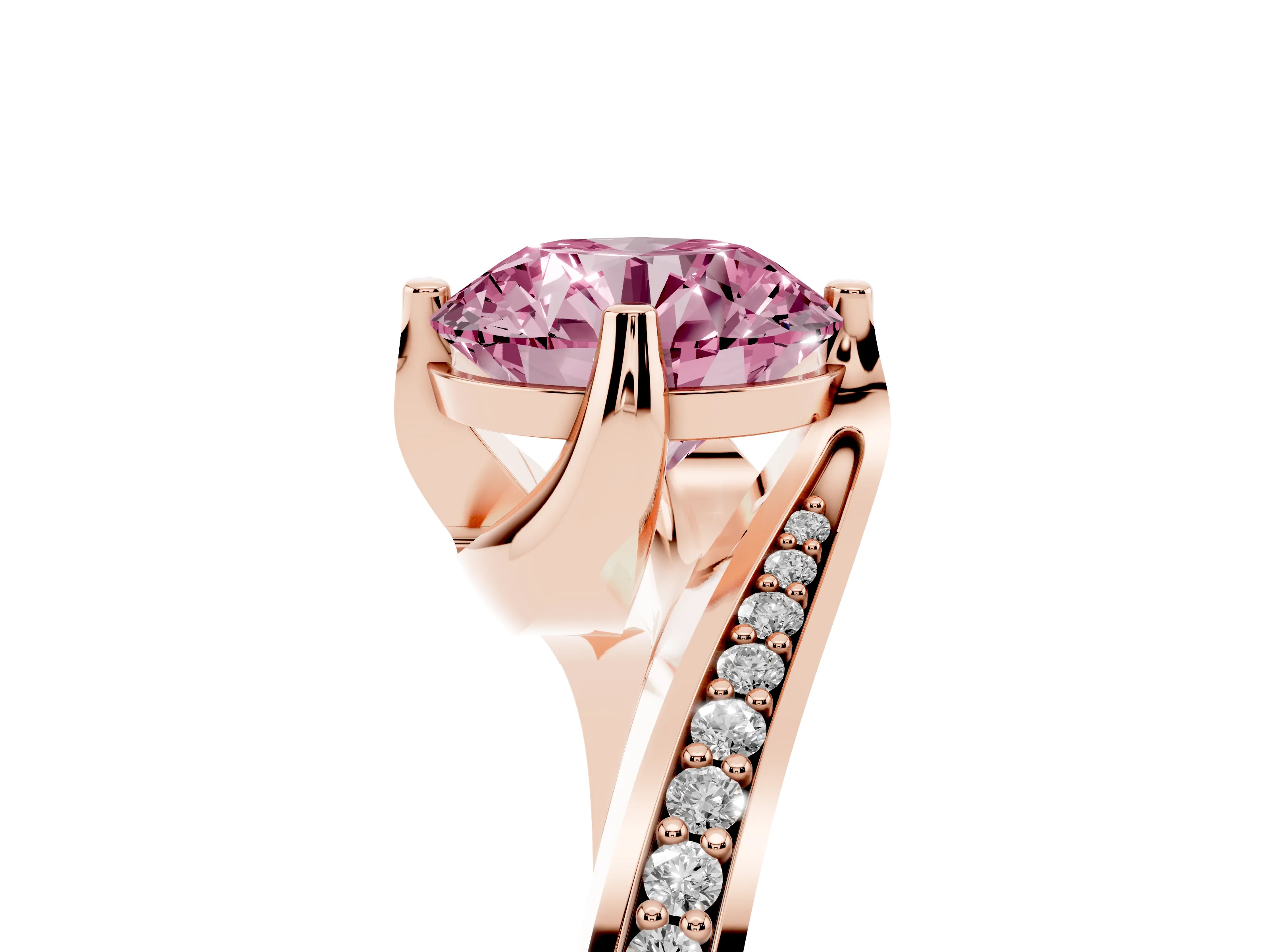 Fancy Pink Round Cut Diamond Solitaire Ring Set in Rose gold with Intertwined Pavé Twist Band