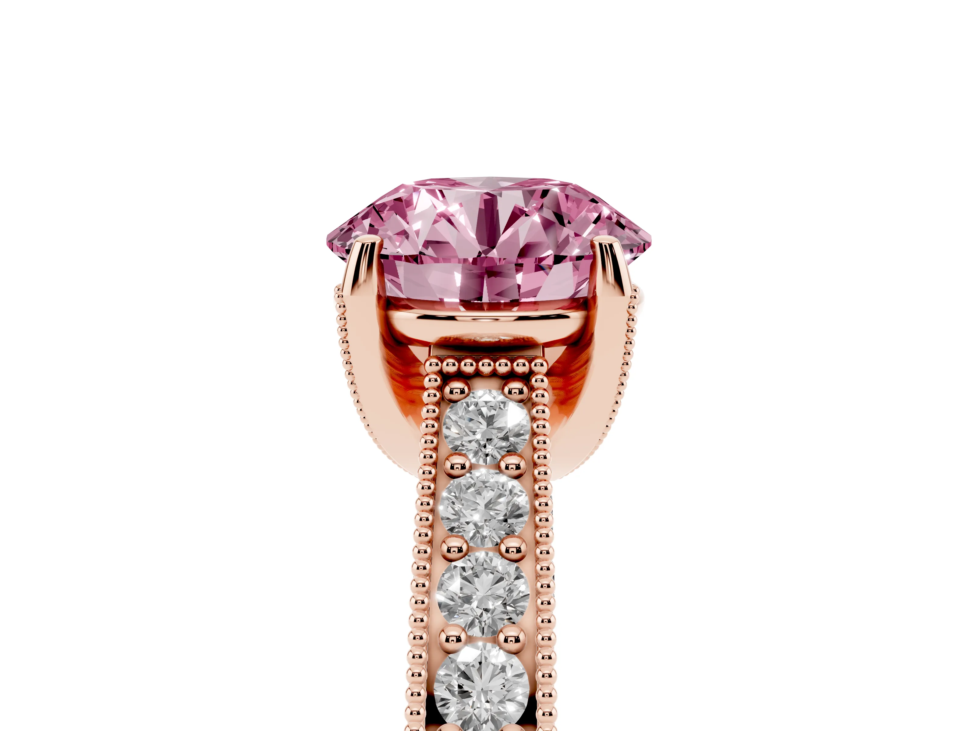Fancy Pink Round Cut Diamond Solitaire Ring Set in Rose gold with Milgrain-Edged Pavé Band and Prong Setting