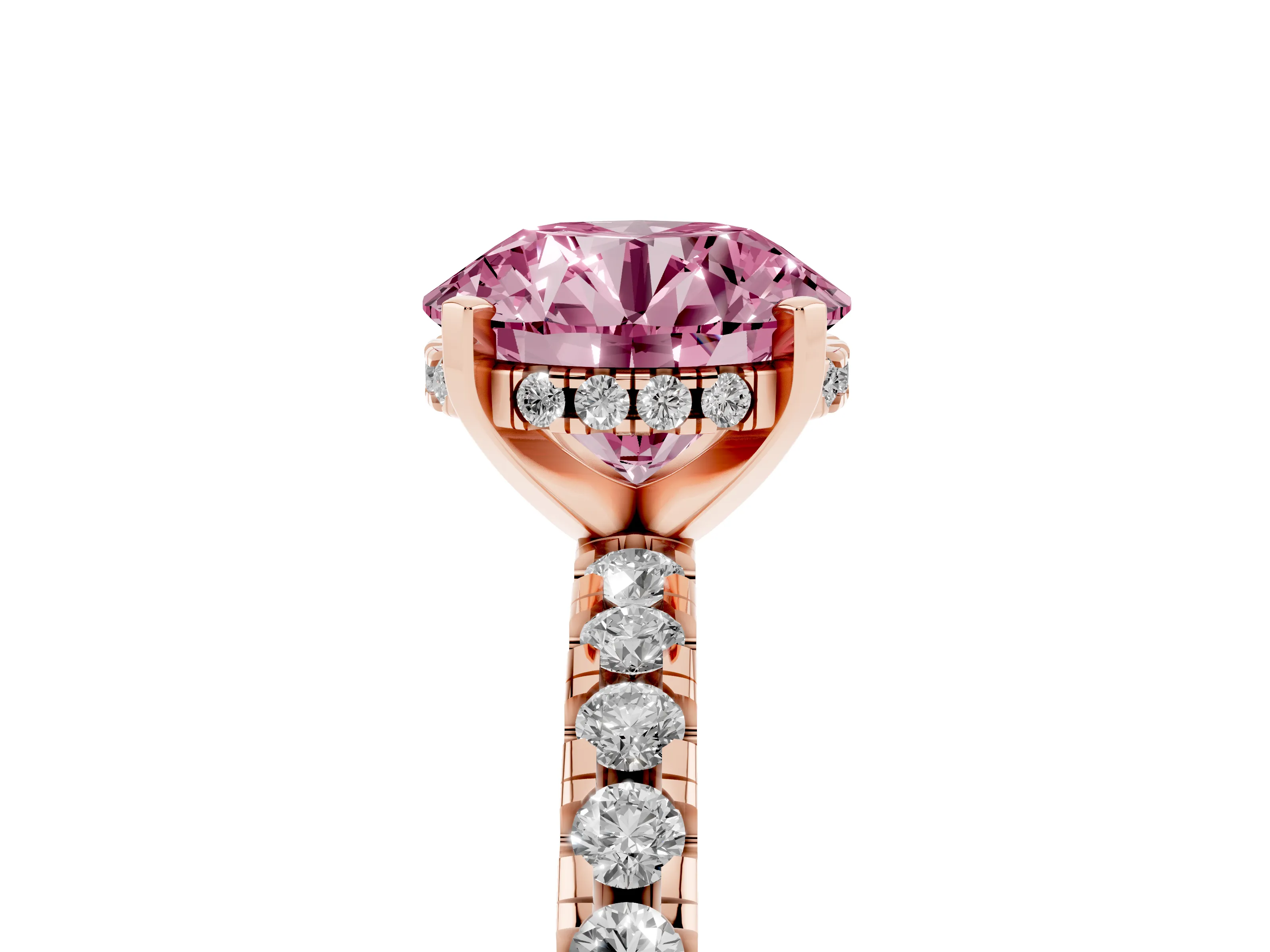 Fancy Pink Round Cut Diamond Pavé Solitaire Ring Set in Rose gold with Round Band Accents and Prong Setting