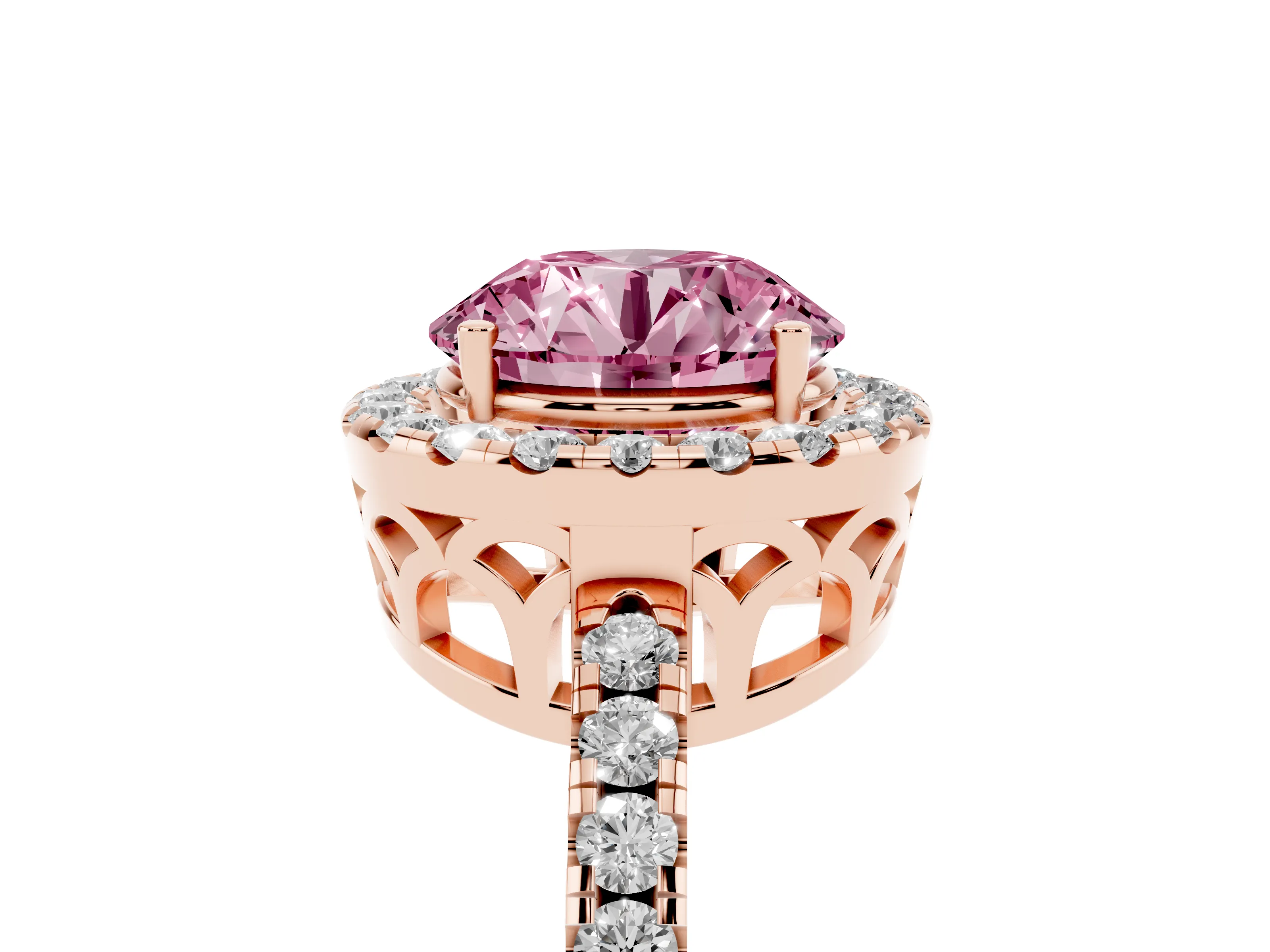 Fancy Pink Round Cut Diamond Pavé Band Halo Engagement Ring Set in Rose gold with Prong Setting