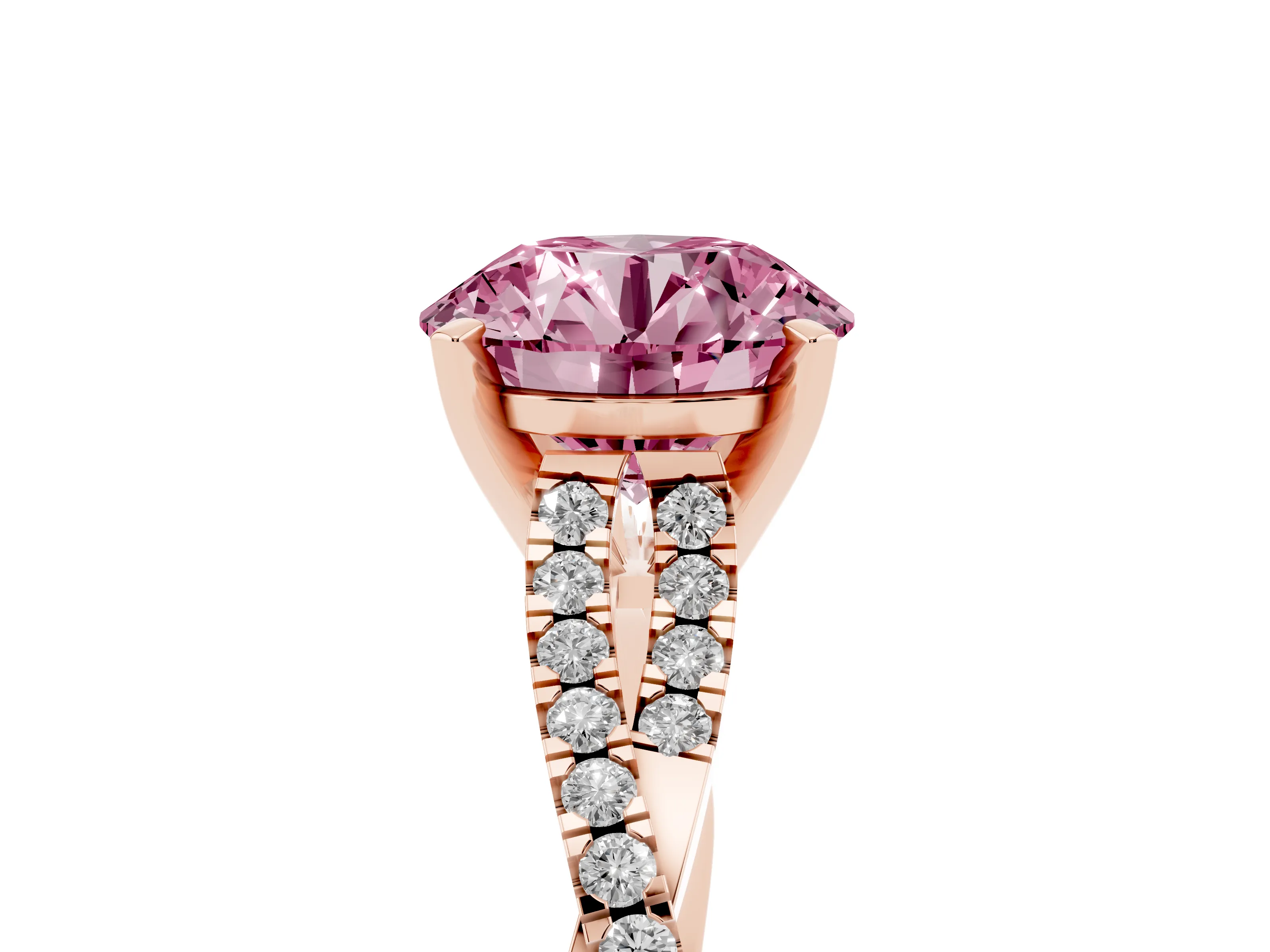 Fancy Pink Round Cut Diamond Solitaire Engagement Ring Set in Rose gold with Twisted Pavé Band and Prong Setting