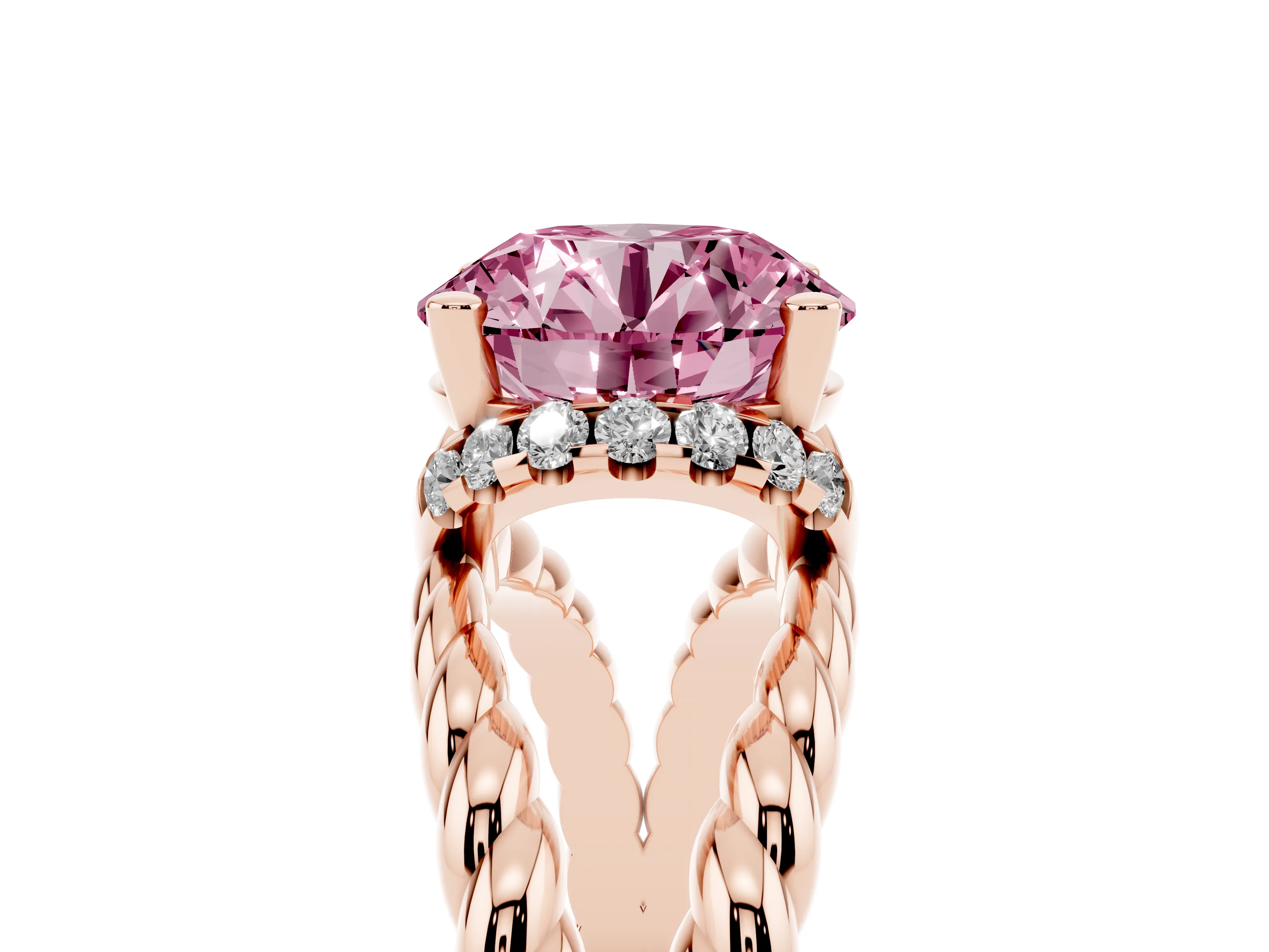 Fancy Pink Round Cut Diamond Halo Ring Set in Rose gold with Twisted Band and Prong Setting