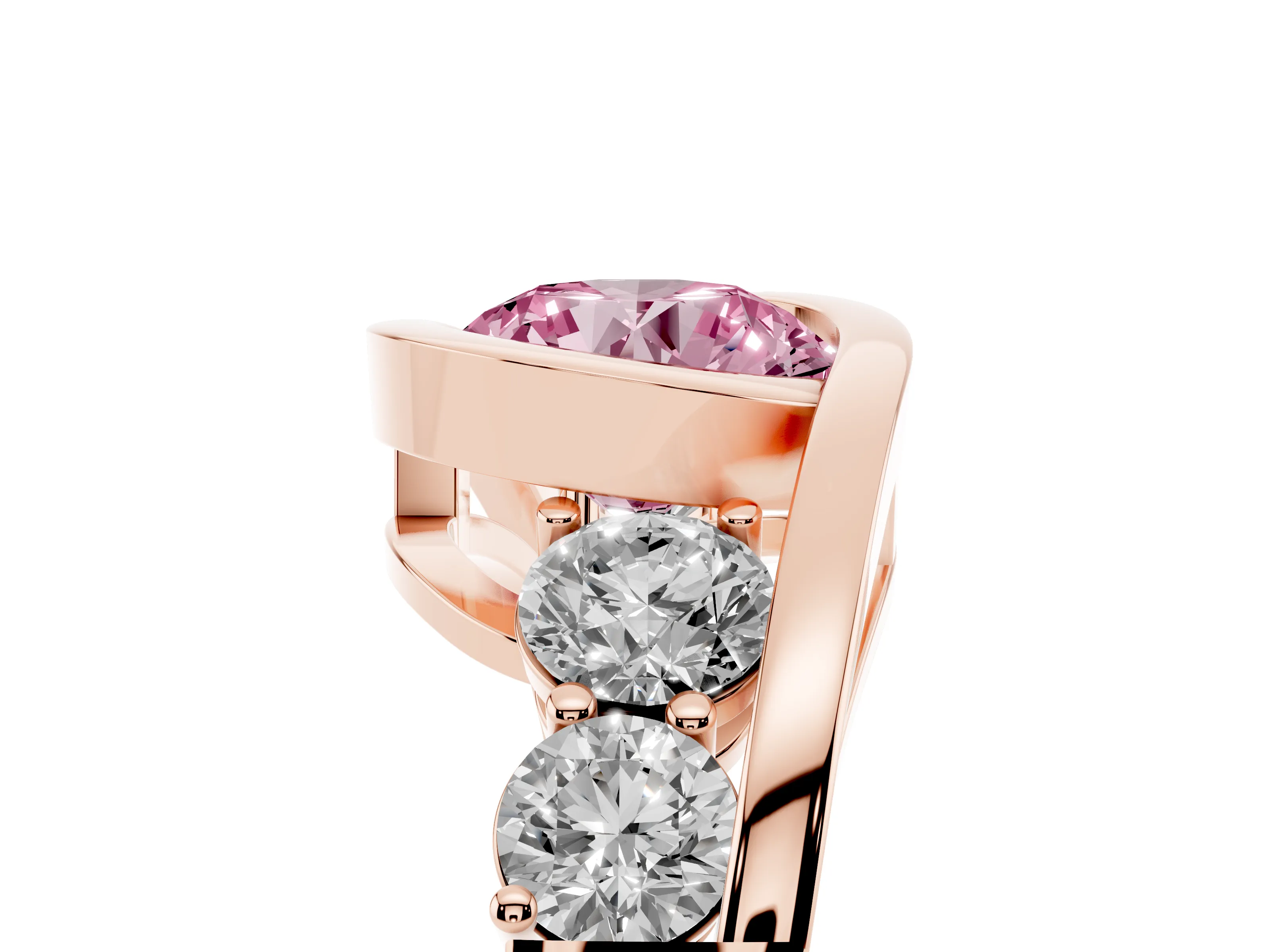 Fancy Pink Round Cut Diamond Bezel Bypass Ring Set in Rose gold with Round Accents