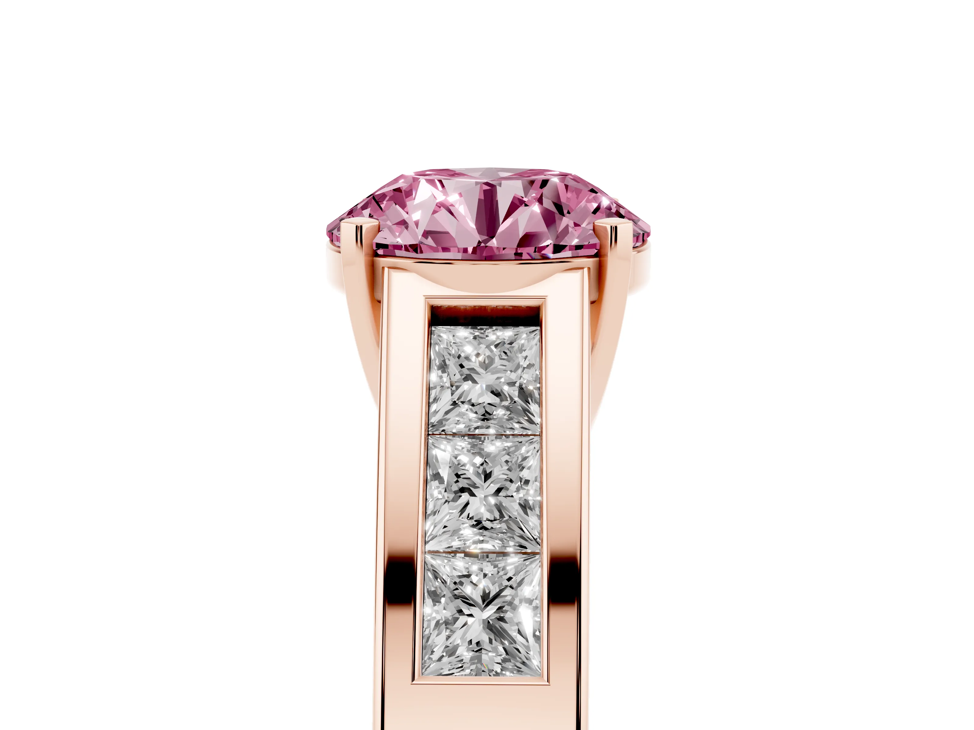 Fancy Pink Round Cut Diamond Solitaire Ring Set in Rose gold with Channel-Set Accent Stones and Prong Setting