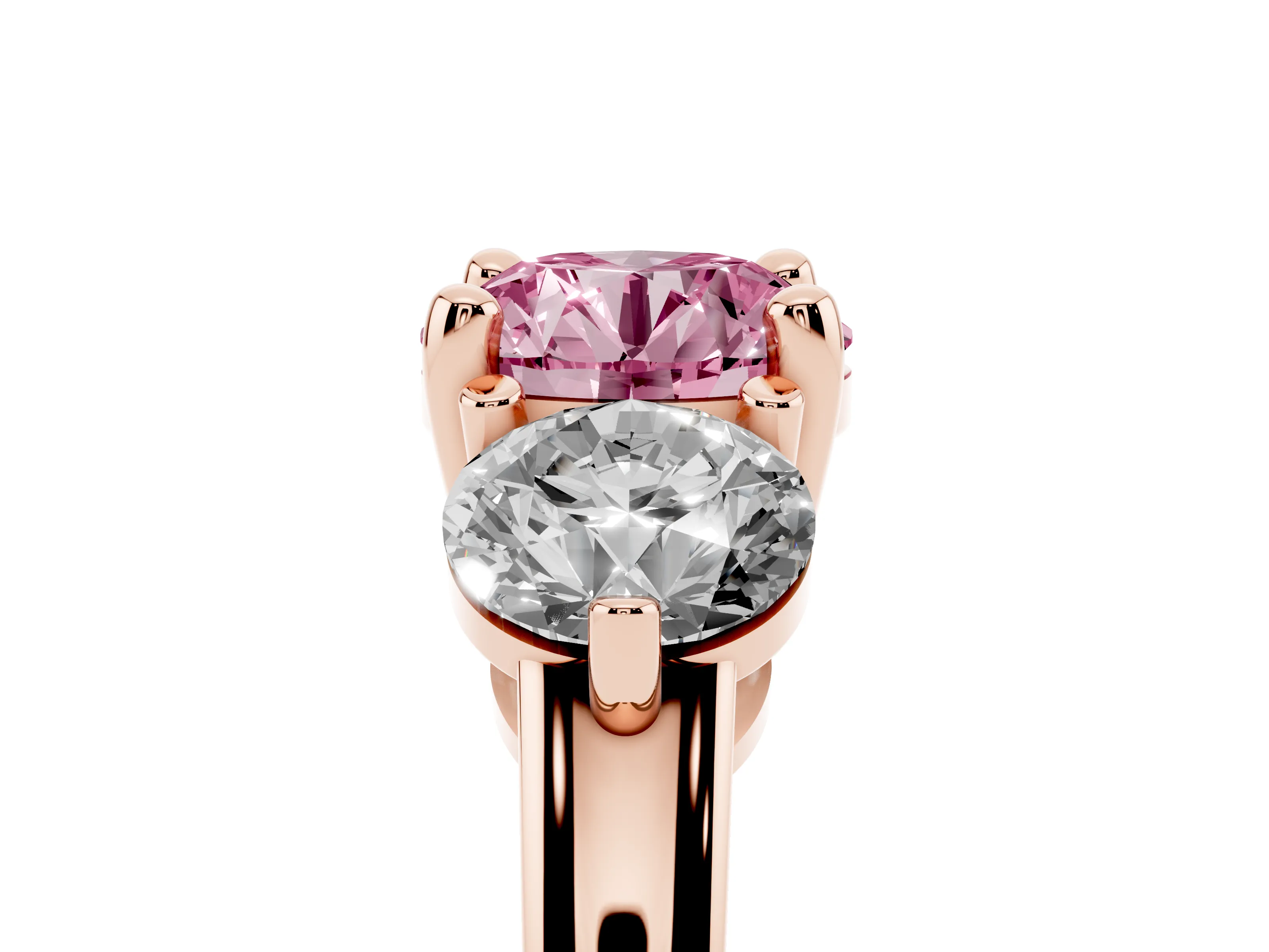 Fancy Pink Round Cut Diamond Three-Stone Ring Set in Rose gold with Prong Setting and Classic Band