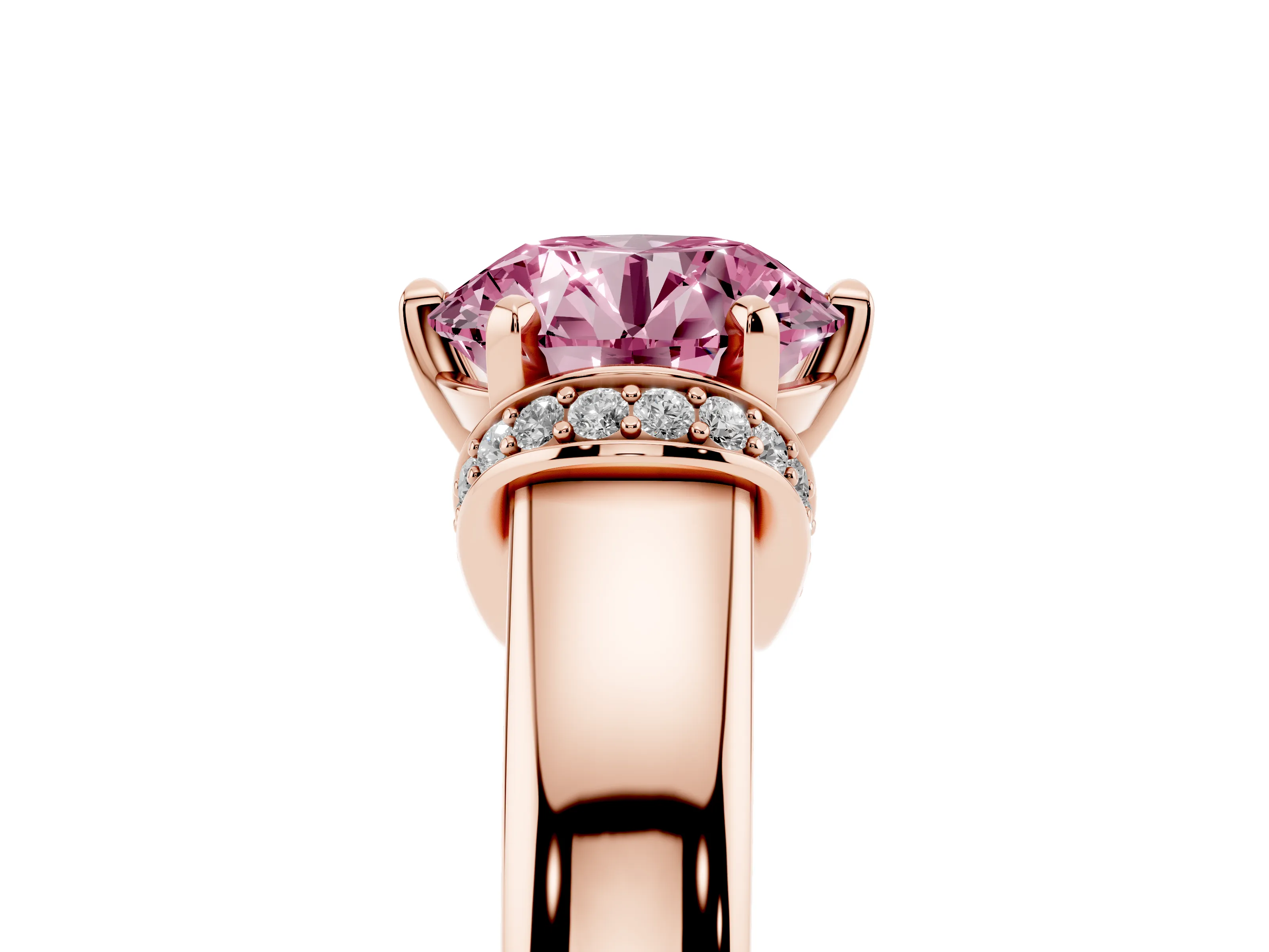 Fancy Pink Round Cut Diamond Pavé Band Solitaire Ring Set in Rose gold with Prong Setting